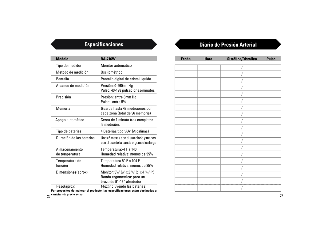 Samsung BA-716W owner manual Especificaciones, Diario de Presión Arterial 