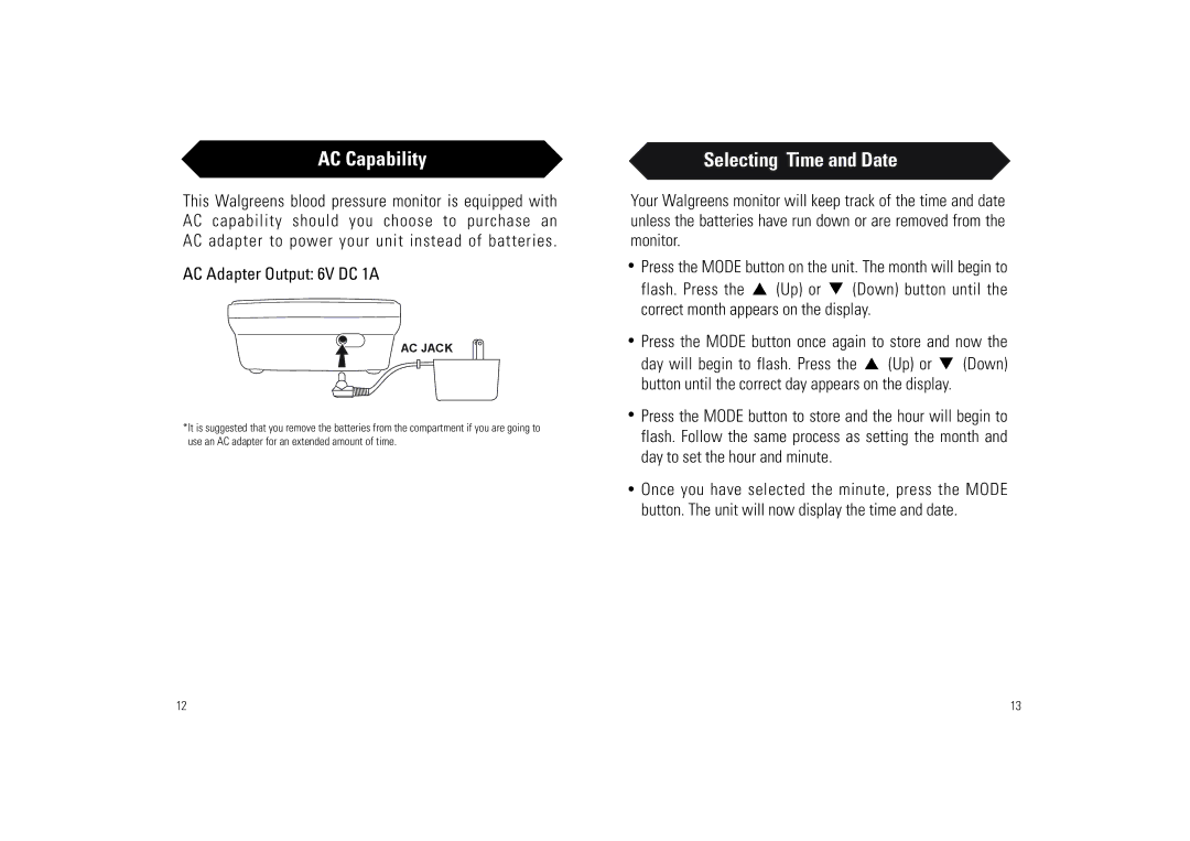 Samsung BA-716W AC Capability, Selecting Time and Date, AC Adapter Output 6V DC 1A, Day will begin to flash. Press Up or 