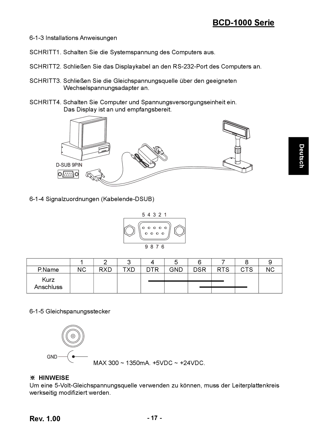 Samsung BCD-1000 user manual Signalzuordnungen Kabelende-DSUB Name Kurz Anschluss 