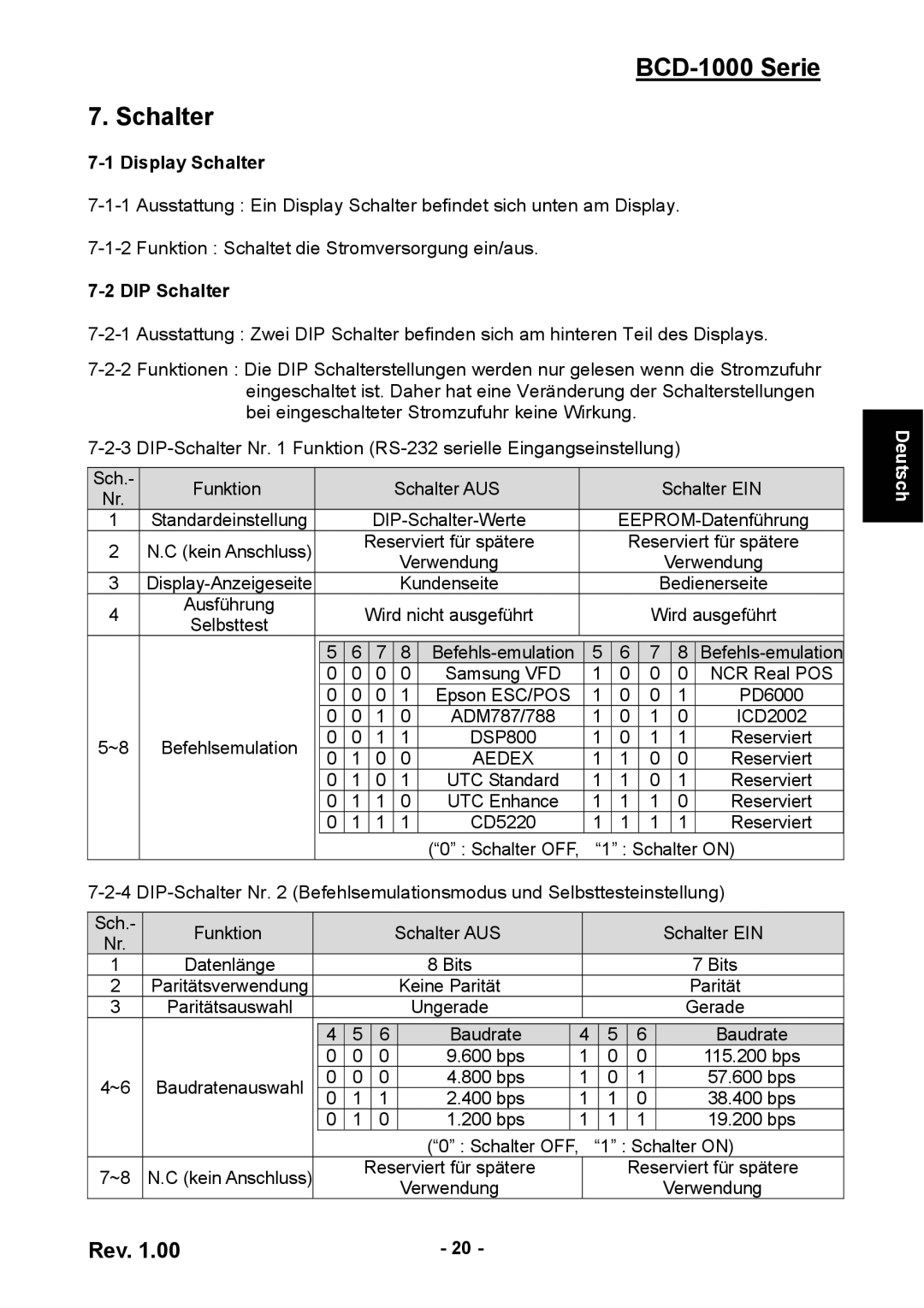 Samsung user manual BCD-1000 Serie Schalter, Display Schalter, DIP Schalter 