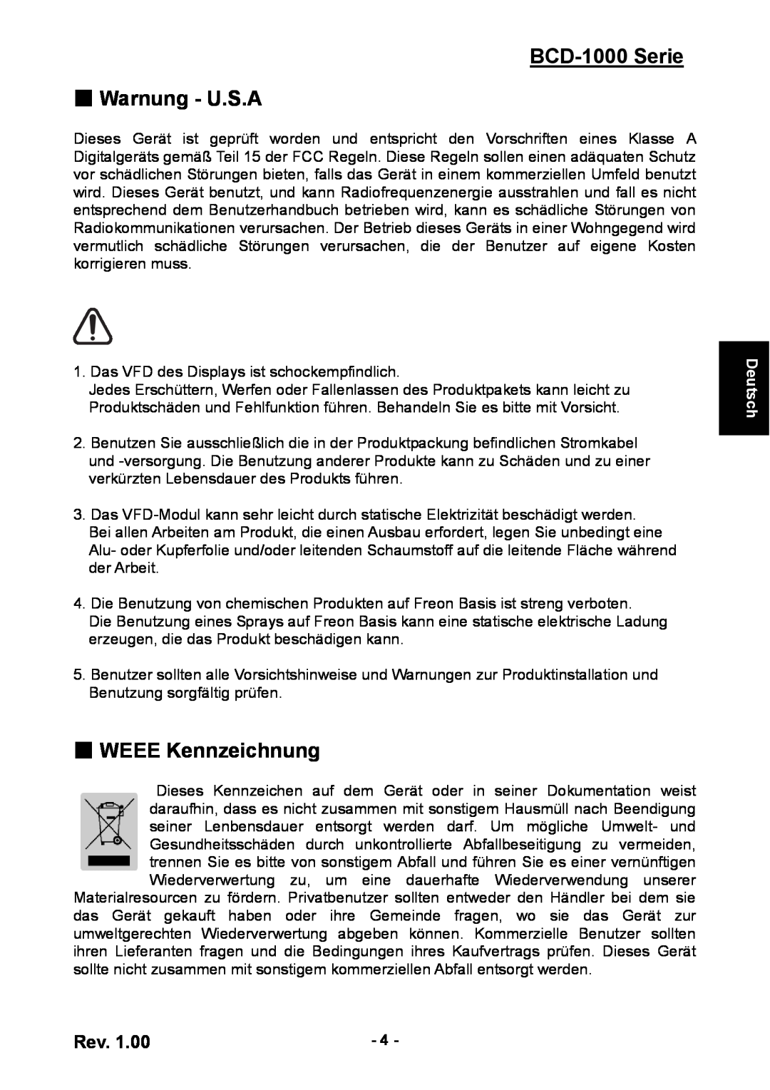 Samsung user manual BCD-1000 Serie Warnung - U.S.A, WEEE Kennzeichnung, Deutsch 