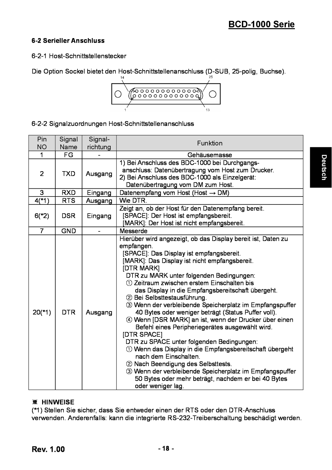 Samsung user manual Serieller Anschluss, BCD-1000 Serie, ※ Hinweise, Deutsch 
