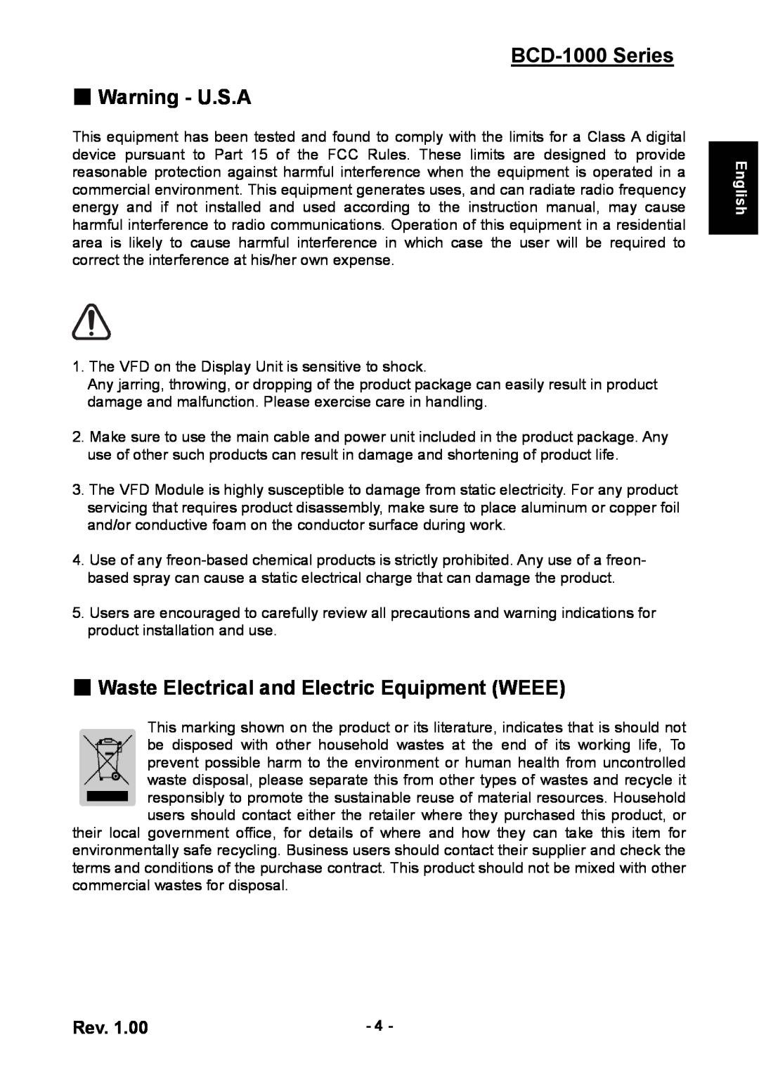 Samsung user manual BCD-1000 Series Warning - U.S.A, Waste Electrical and Electric Equipment WEEE, English 