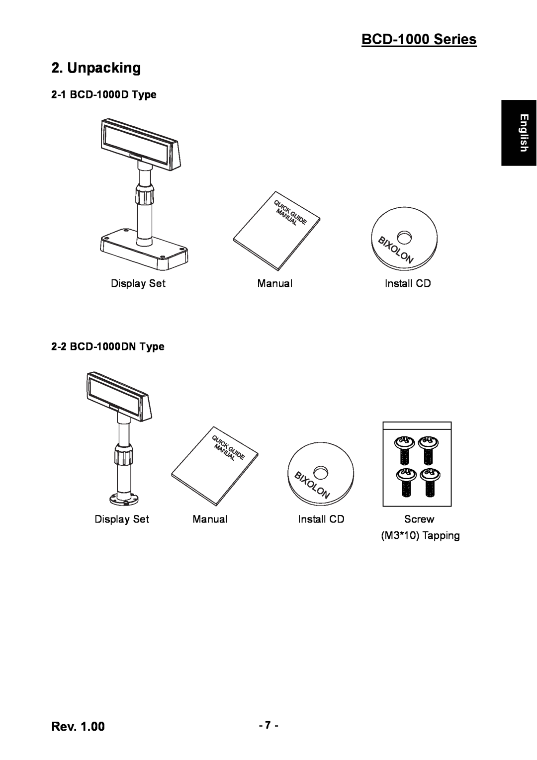Samsung user manual BCD-1000 Series 2. Unpacking, BCD-1000D Type, BCD-1000DN Type, English 