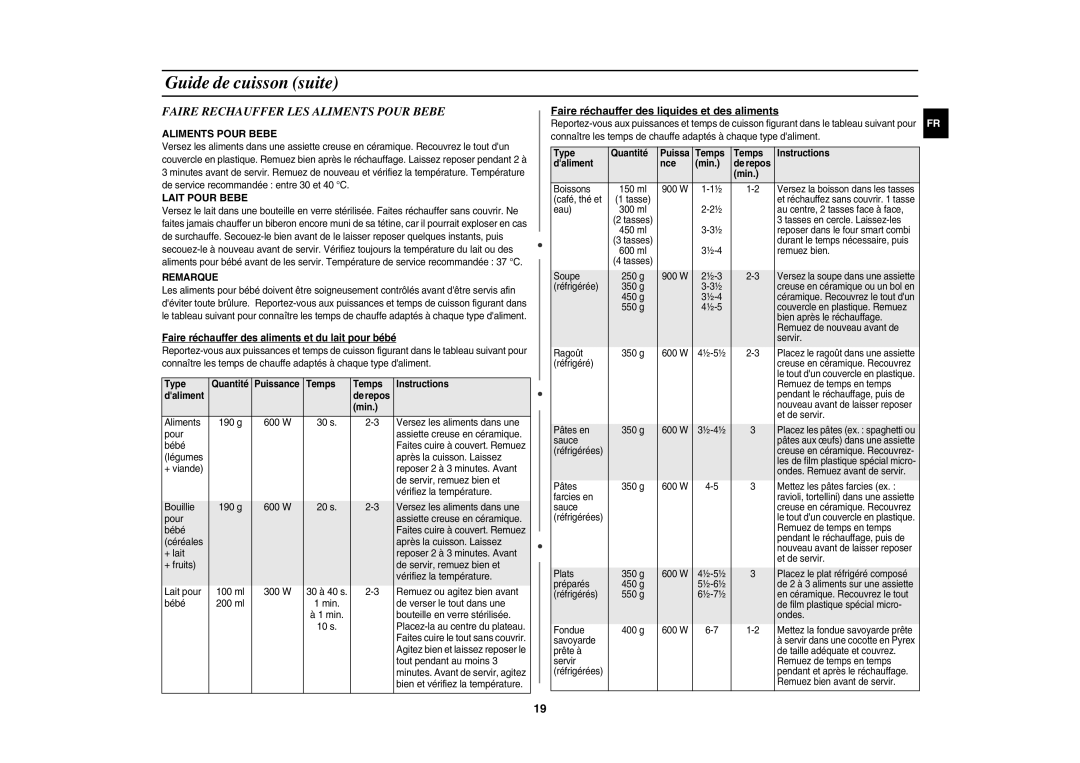 Samsung BCE1196T-B/XEF manual Faire Rechauffer LES Aliments Pour Bebe, Faire réchauffer des aliments et du lait pour bébé 