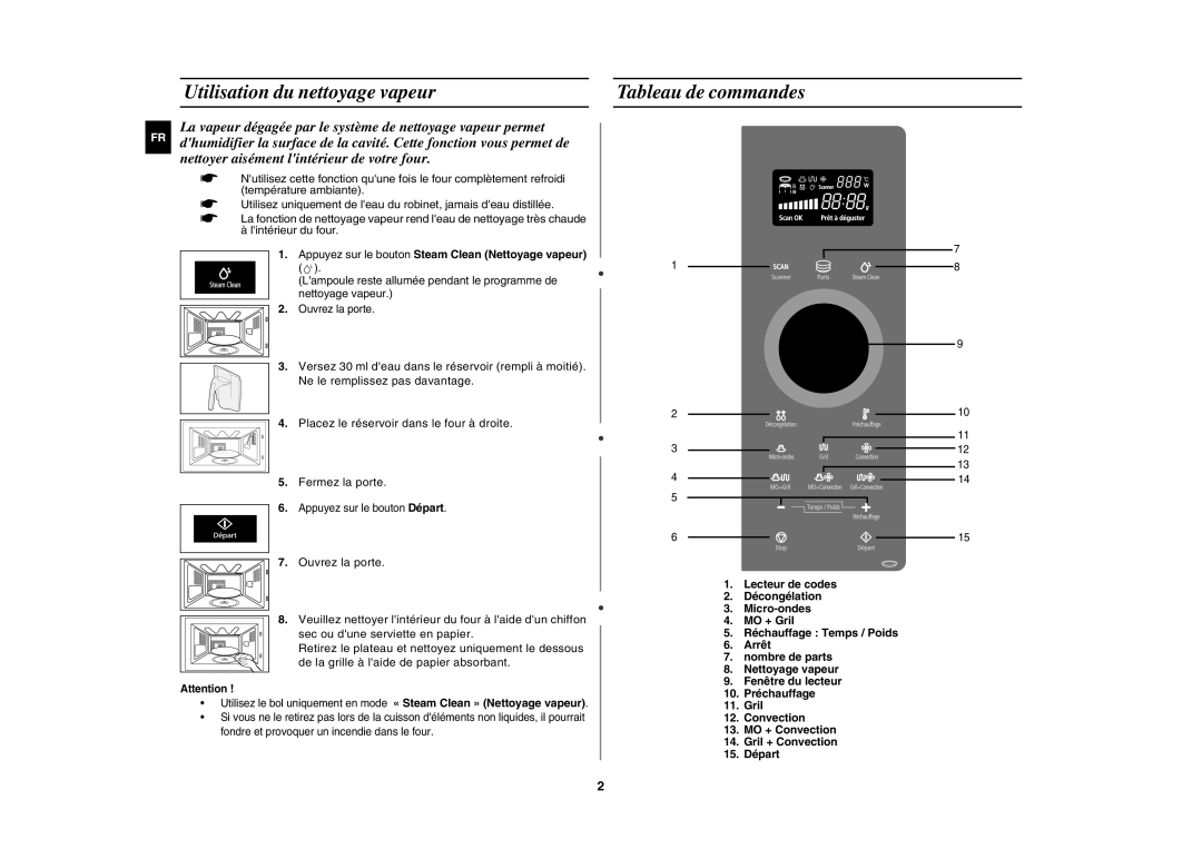 Samsung BCE1196T-B/XEF manual Utilisation du nettoyage vapeur, Tableau de commandes, Ouvrez la porte 