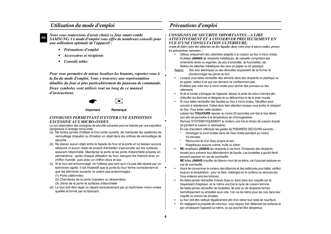 Samsung BCE1196T-B/XEF manual Utilisation du mode demploi, Précautions demploi, Important Remarque 