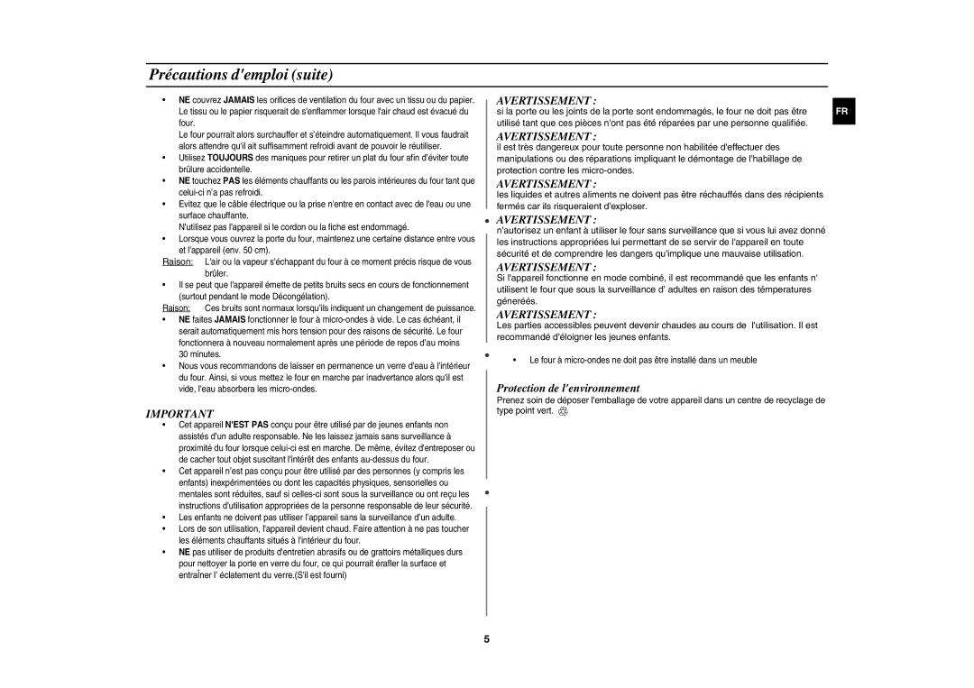 Samsung BCE1196T-B/XEF Précautions demploi suite, Avertissement, Fermés car ils risqueraient dexploser, Type point vert 