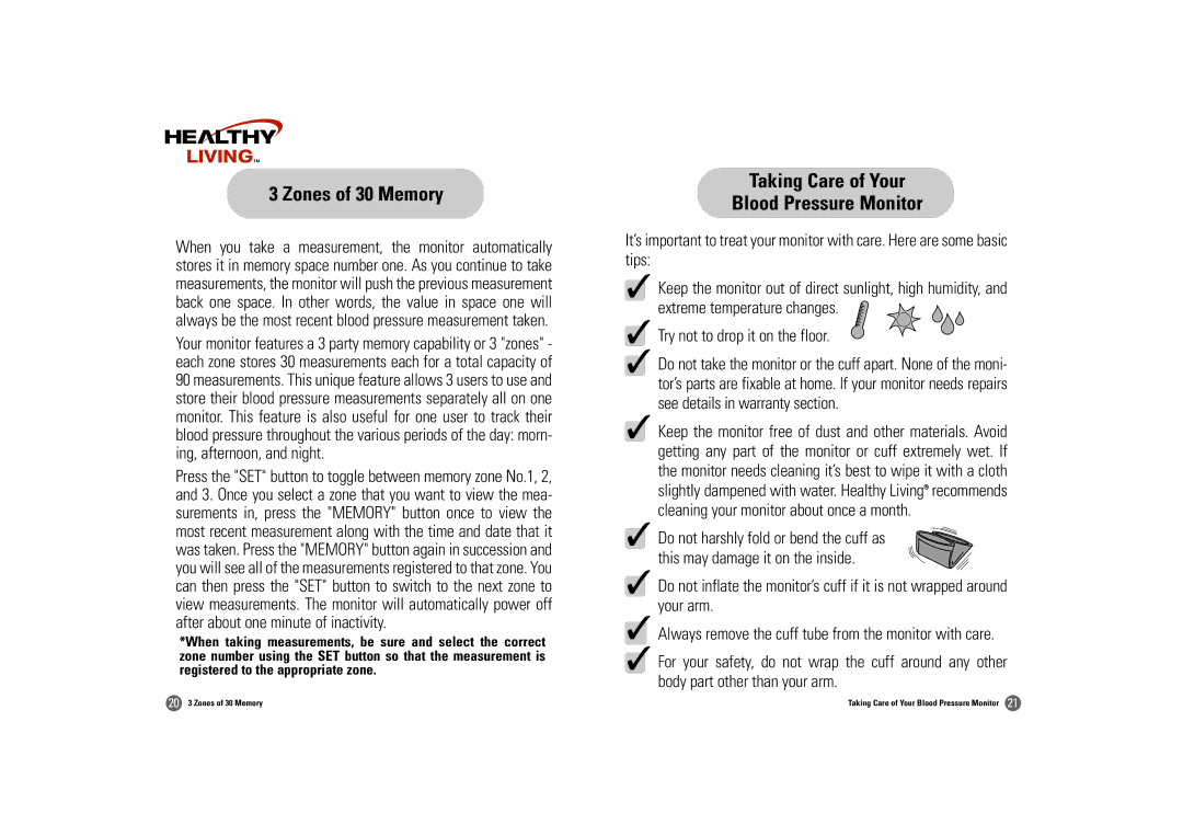 Samsung BD-3000S owner manual Zones of 30 Memory, Taking Care of Your Blood Pressure Monitor 