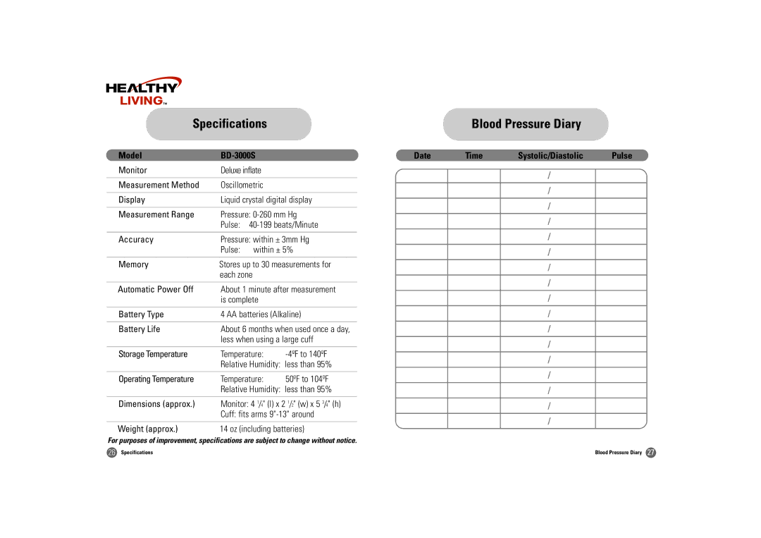 Samsung BD-3000S owner manual Specifications, Blood Pressure Diary 