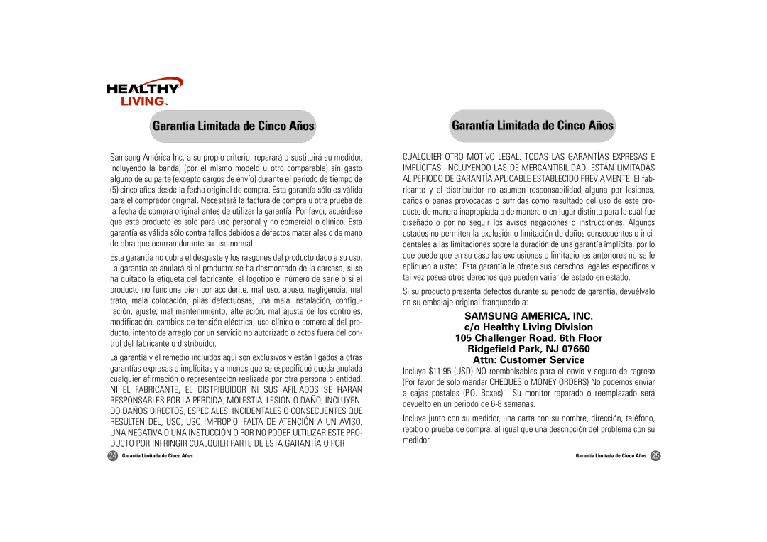 Samsung BD-3000S owner manual Garantía Limitada de Cinco Años 