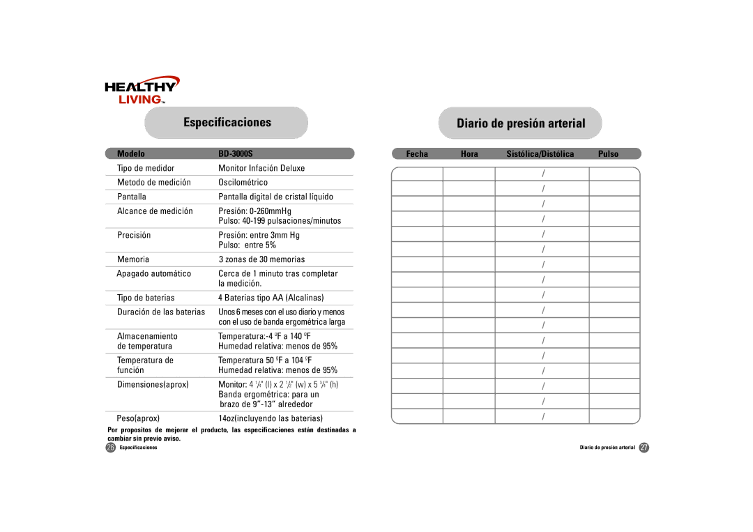 Samsung BD-3000S owner manual Especificaciones, Diario de presión arterial 