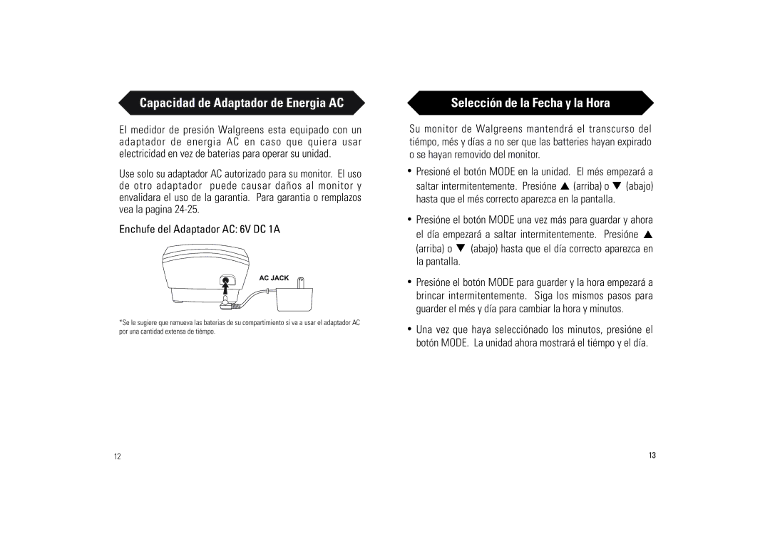 Samsung BD-7181W owner manual Capacidad de Adaptador de Energia AC, Selección de la Fecha y la Hora, Arriba o 