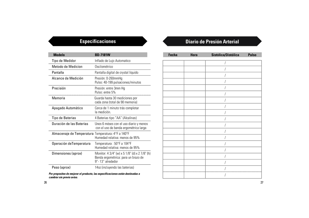 Samsung BD-7181W owner manual Especificaciones, Diario de Presión Arterial 