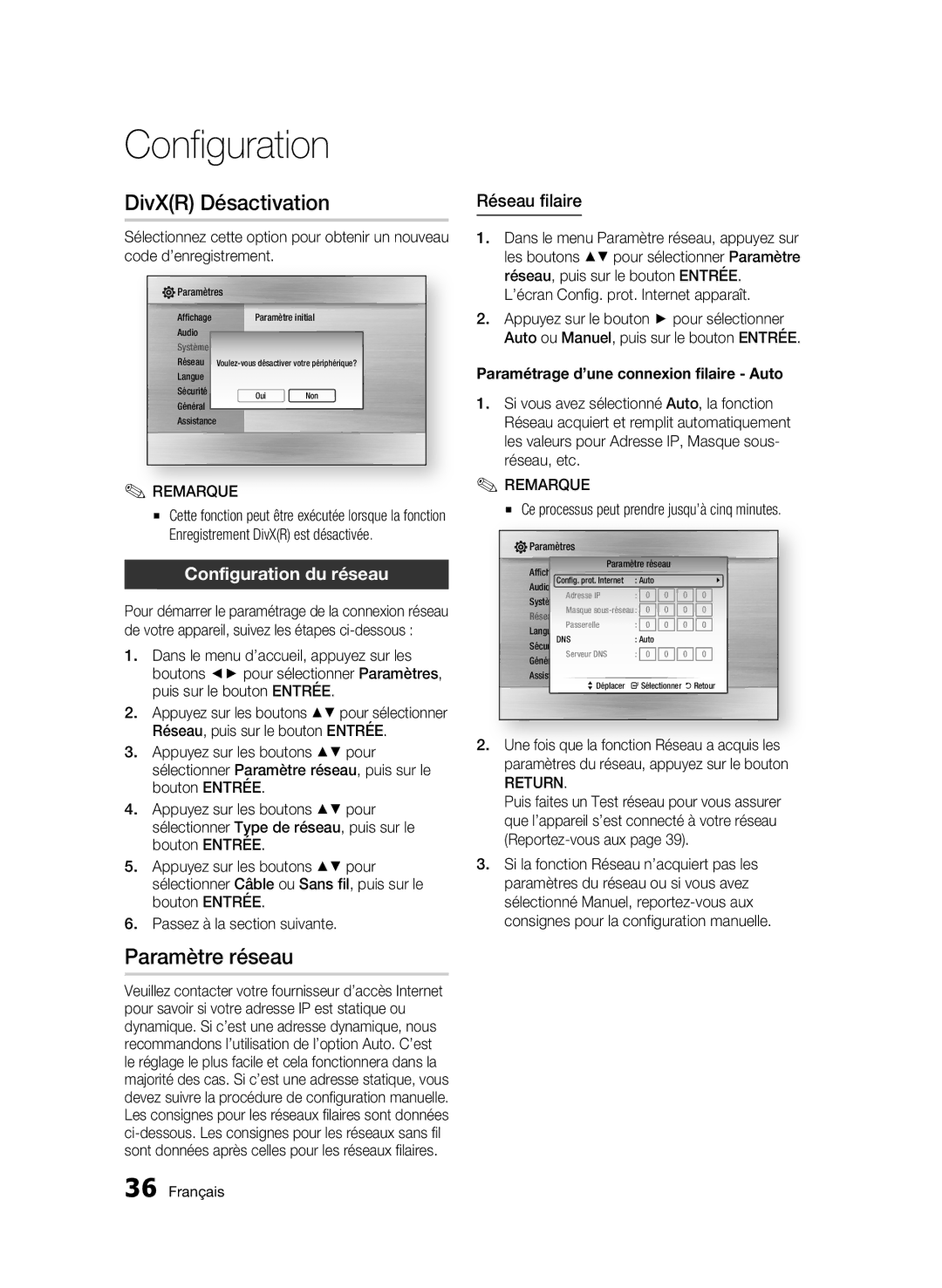 Samsung BD-C5300/XEN, BD-C5300/EDC manual DivXR Désactivation, Paramètre réseau, Configuration du réseau, Réseau filaire 