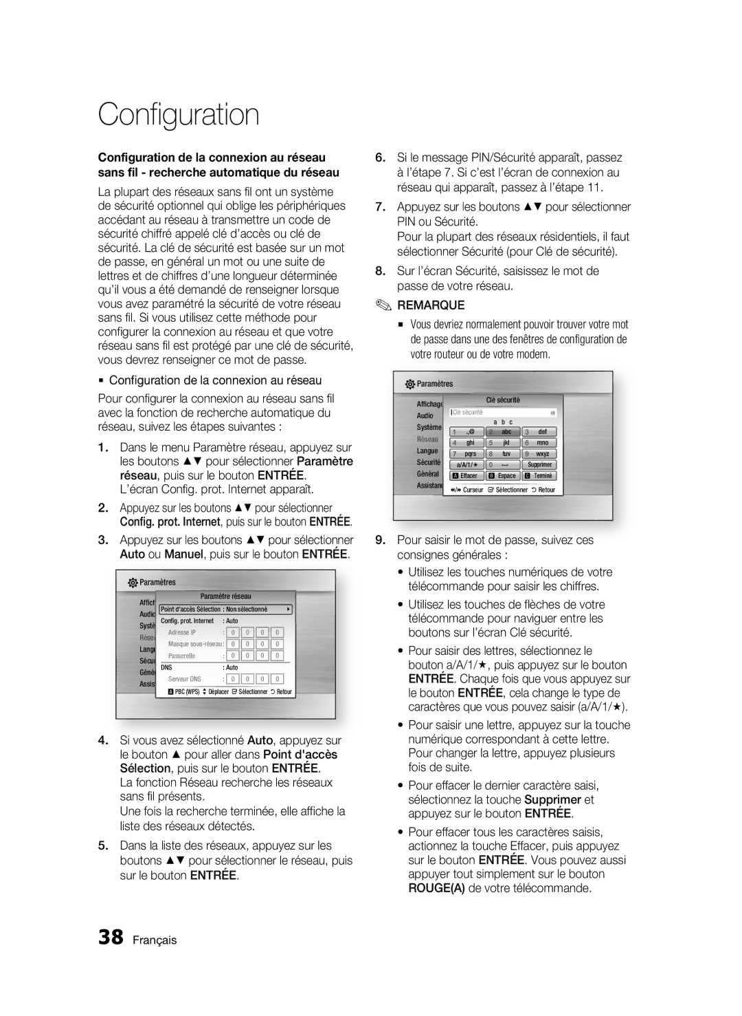 Samsung BD-C5300/XEE  Configuration de la connexion au réseau, Appuyez sur les boutons pour sélectionner PIN ou Sécurité 