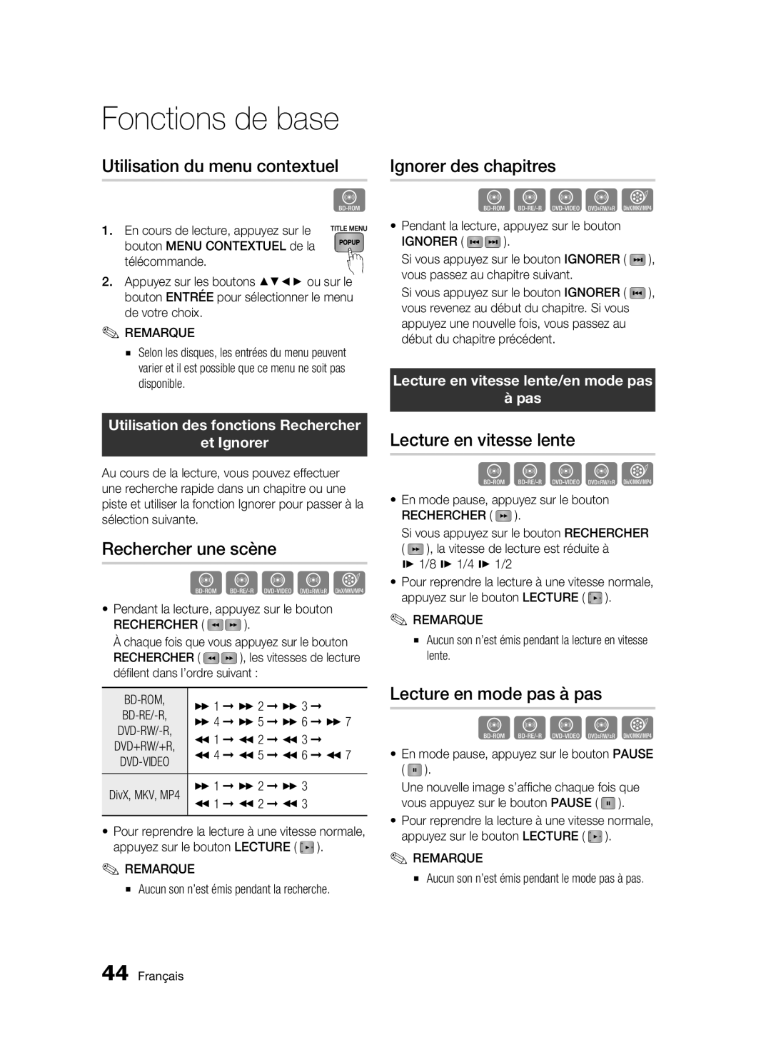 Samsung BD-C5300/XEN Utilisation du menu contextuel, Rechercher une scène, Ignorer des chapitres, Lecture en vitesse lente 