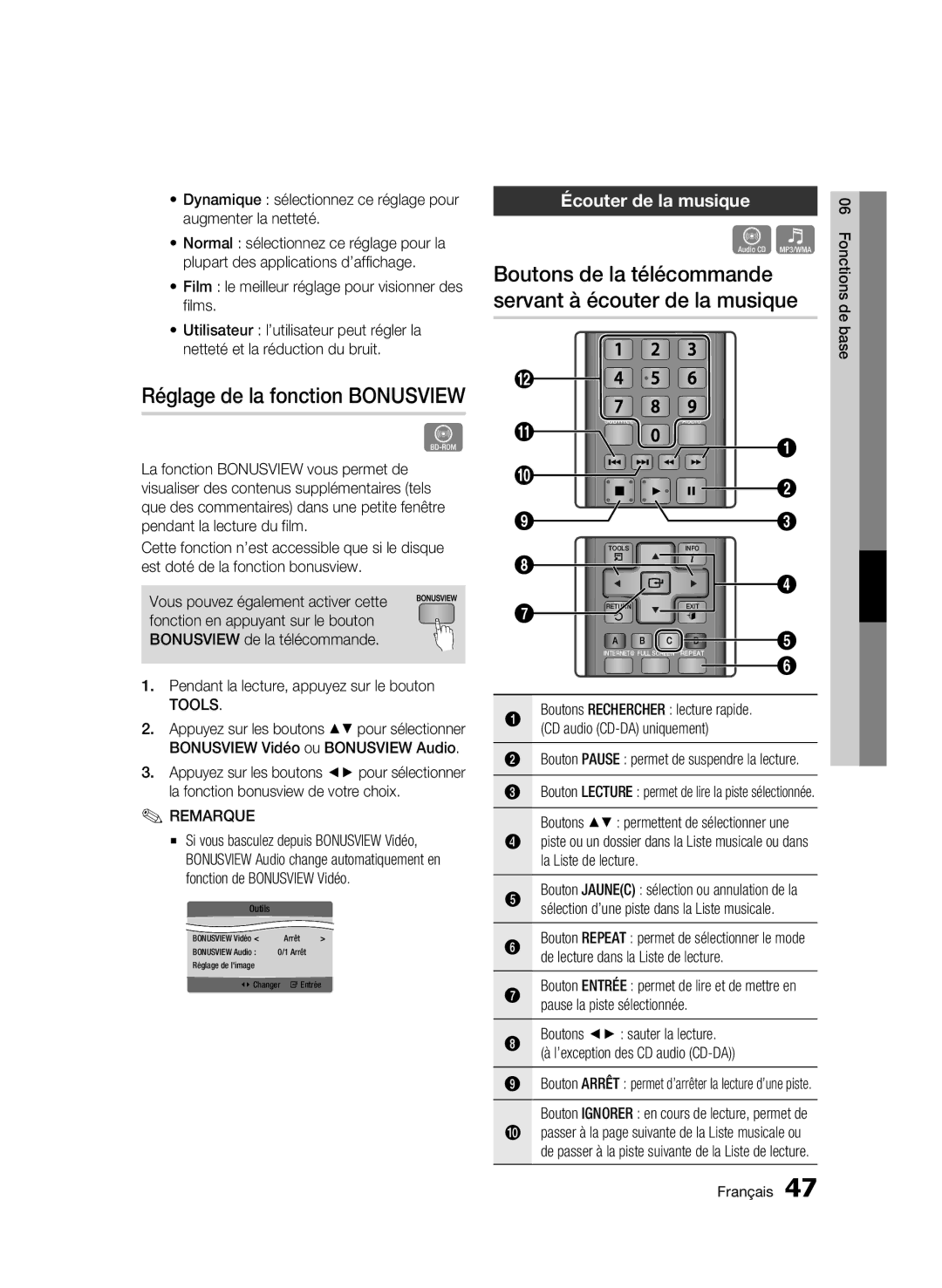 Samsung BD-C5300/EDC manual Réglage de la fonction Bonusview, Boutons de la télécommande servant à écouter de la musique 