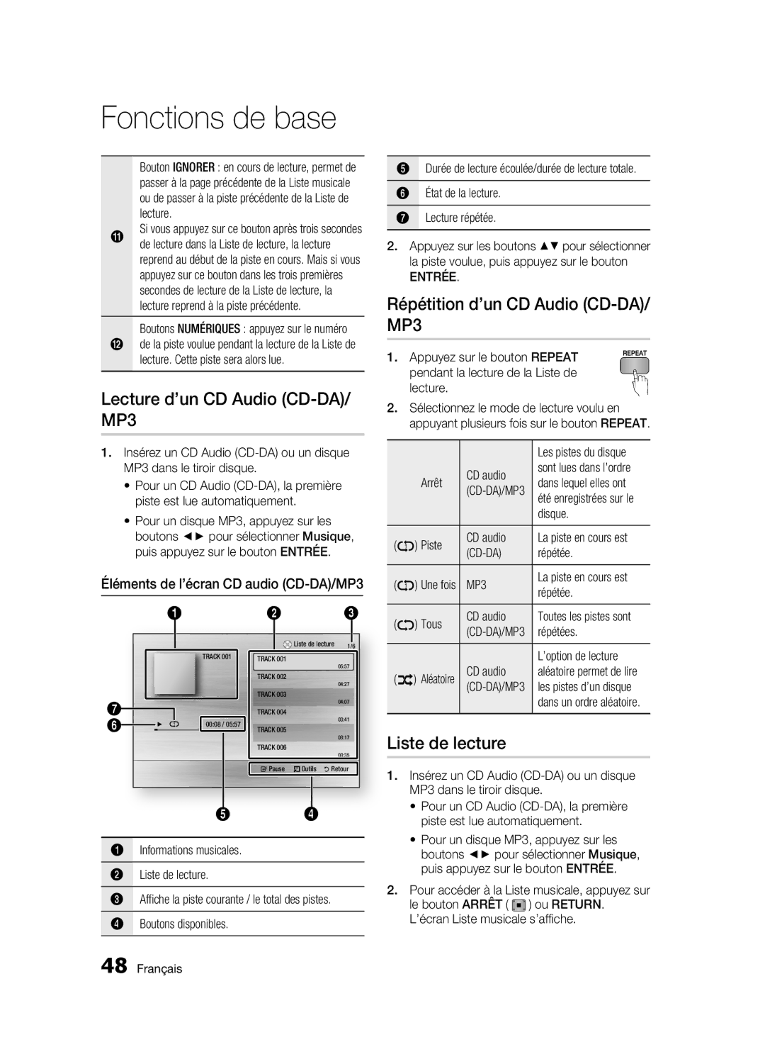 Samsung BD-C5300/XEN, BD-C5300/EDC Lecture d’un CD Audio CD-DA/ MP3, Répétition d’un CD Audio CD-DA/ MP3, Liste de lecture 