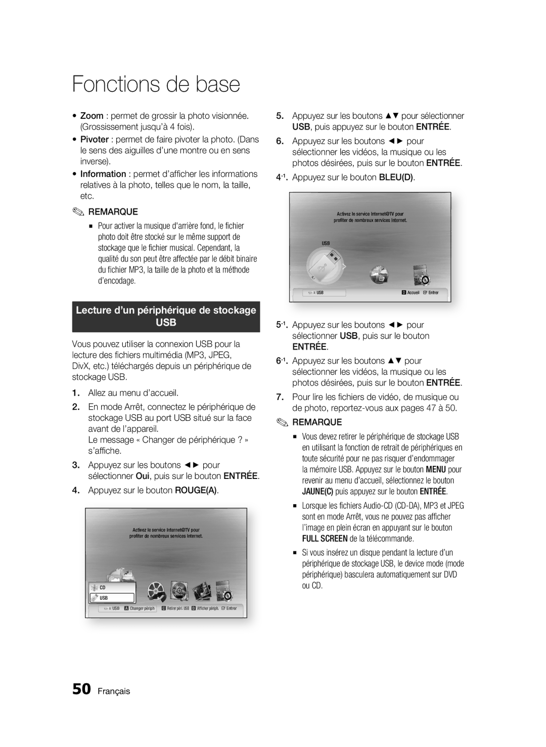 Samsung BD-C5300/XEE Lecture d’un périphérique de stockage, Appuyez sur le bouton Rougea, Appuyez sur le bouton Bleud 