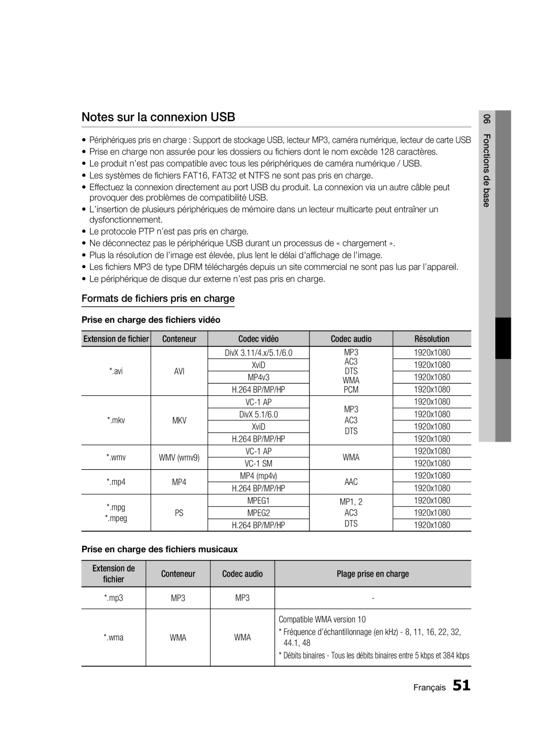 Samsung BD-C5300/EDC Formats de fichiers pris en charge, Prise en charge des fichiers musicaux, Compatible WMA version 