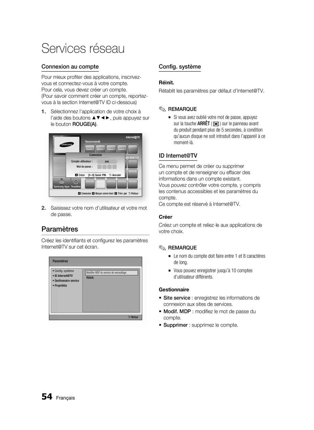 Samsung BD-C5300/XEE, BD-C5300/EDC, BD-C5300/XEN manual Paramètres, Connexion au compte, Config. système, ID Internet@TV 