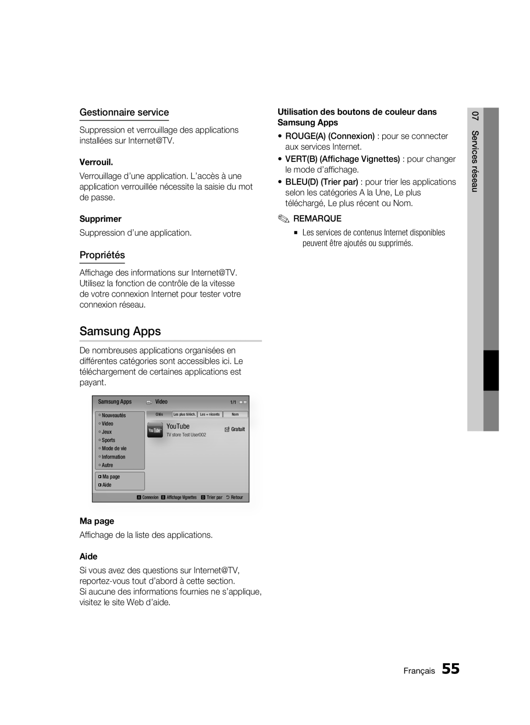 Samsung BD-C5300/EDC, BD-C5300/XEN, BD-C5300/XEF, BD-C5300/XEE manual Gestionnaire service, Propriétés 