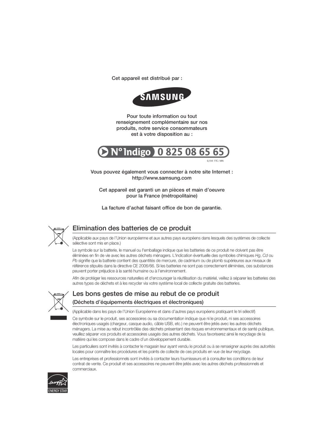 Samsung BD-C5300/XEF, BD-C5300/EDC, BD-C5300/XEN, BD-C5300/XEE manual Elimination des batteries de ce produit 