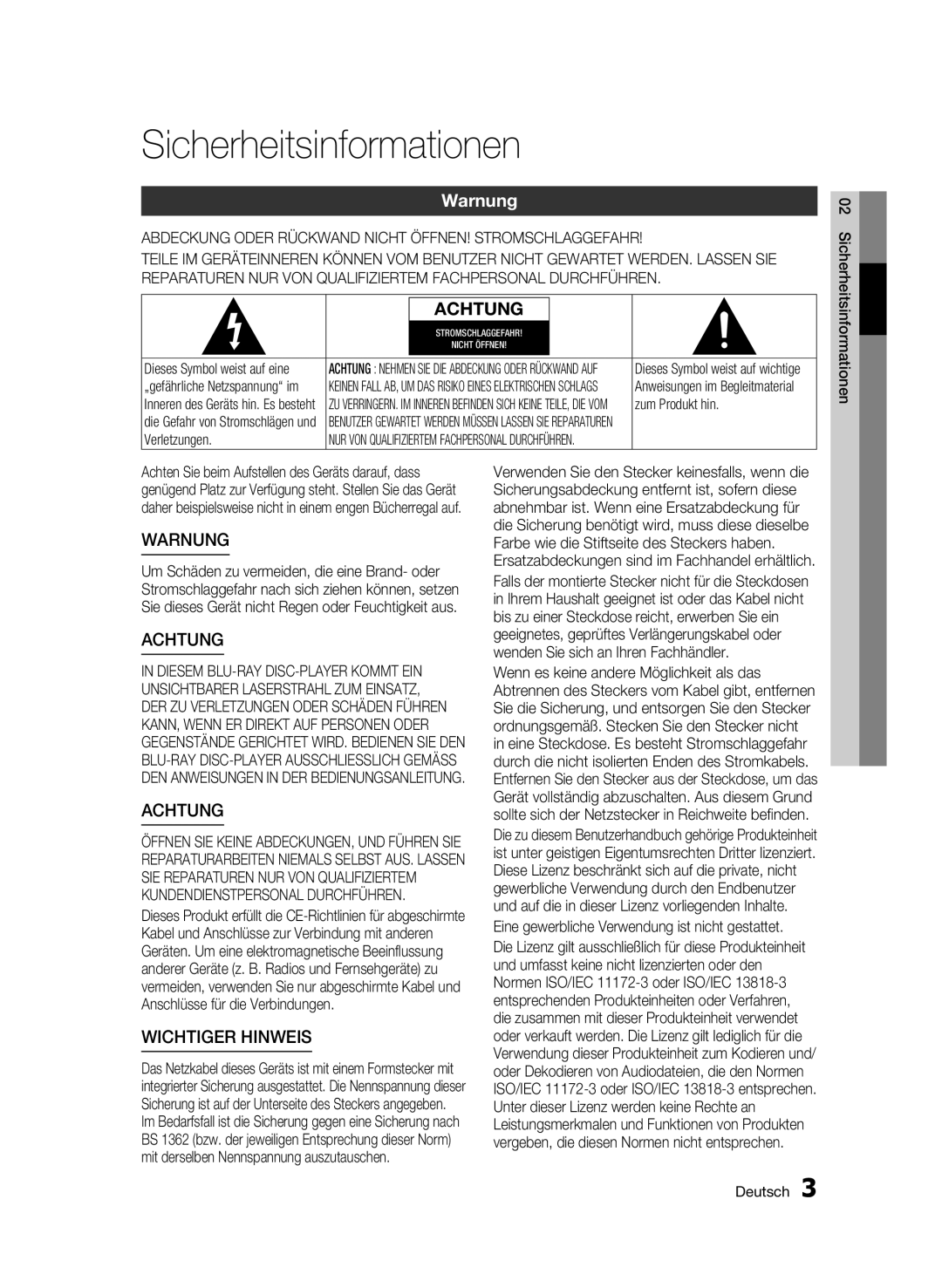 Samsung BD-C5300/XEN manual Sicherheitsinformationen, Warnung, Abdeckung Oder Rückwand Nicht ÖFFNEN! Stromschlaggefahr 