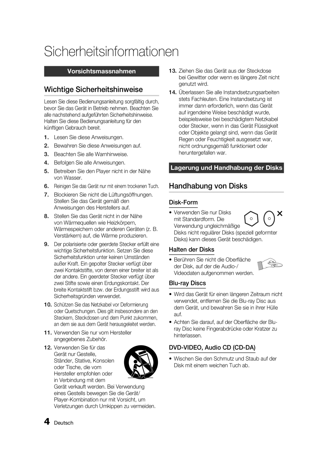 Samsung BD-C5300/XEF, BD-C5300/EDC, BD-C5300/XEN Wichtige Sicherheitshinweise, Handhabung von Disks, Vorsichtsmassnahmen 