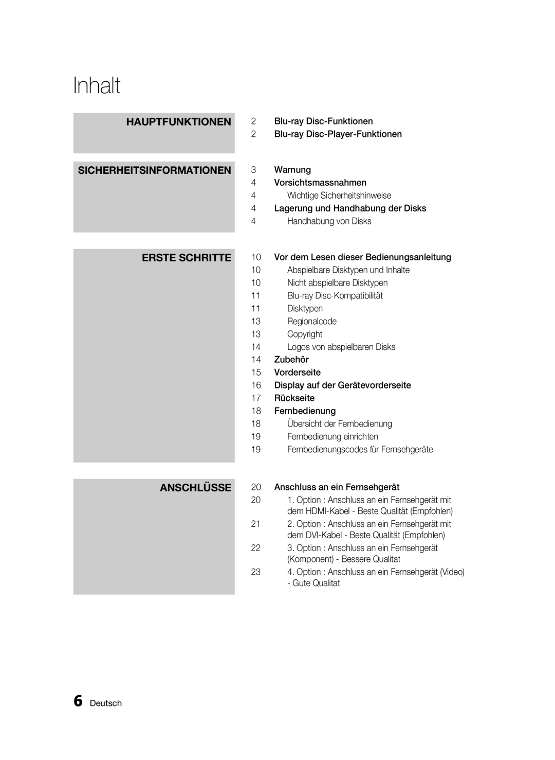 Samsung BD-C5300/EDC, BD-C5300/XEN manual Inhalt, Hauptfunktionen, Sicherheitsinformationen, Erste Schritte, Anschlüsse 