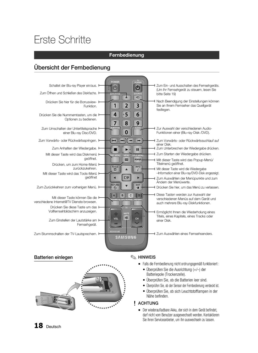 Samsung BD-C5300/EDC Übersicht der Fernbedienung, Batterien einlegen, Überprüfen Sie, ob die Batterien leer sind, Achtung 