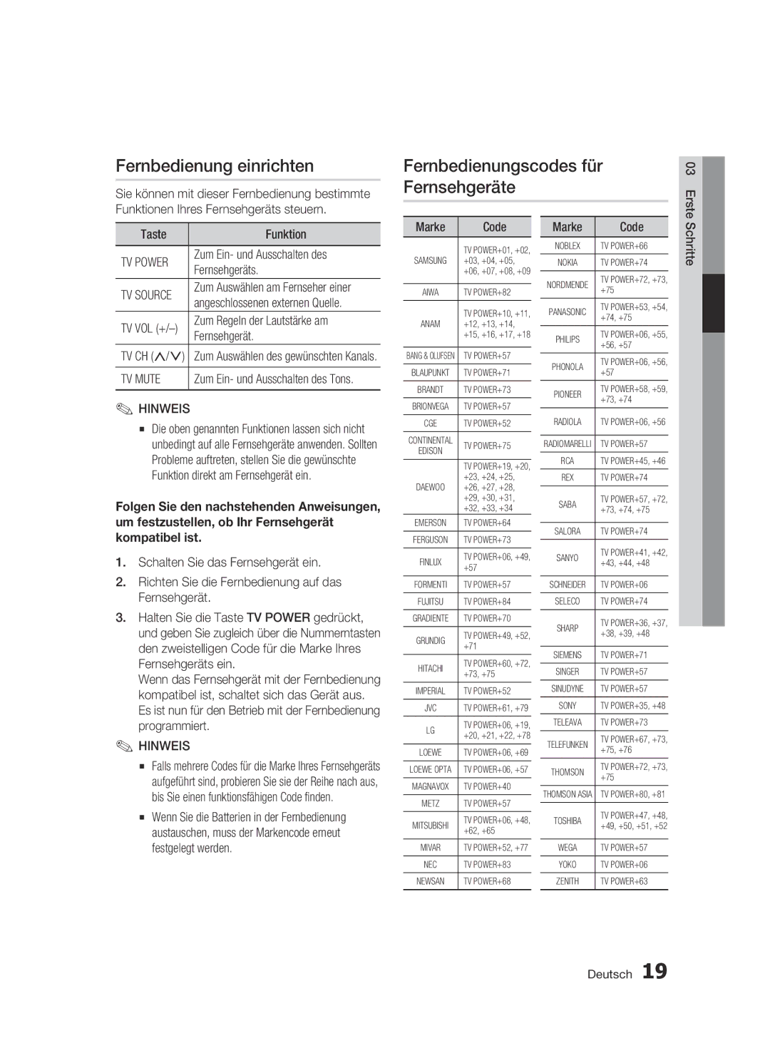 Samsung BD-C5300/XEN, BD-C5300/EDC, BD-C5300/XEF manual Fernbedienung einrichten, Fernbedienungscodes für Fernsehgeräte 