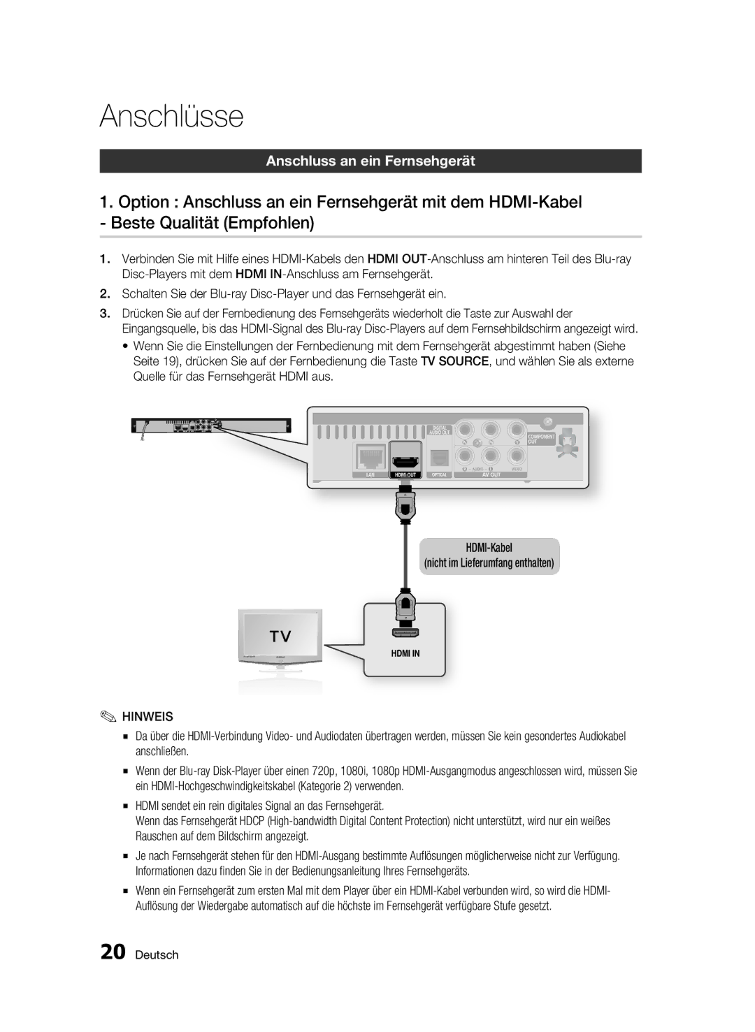 Samsung BD-C5300/XEF, BD-C5300/EDC, BD-C5300/XEN, BD-C5300/XEE manual Anschlüsse, Anschluss an ein Fernsehgerät 