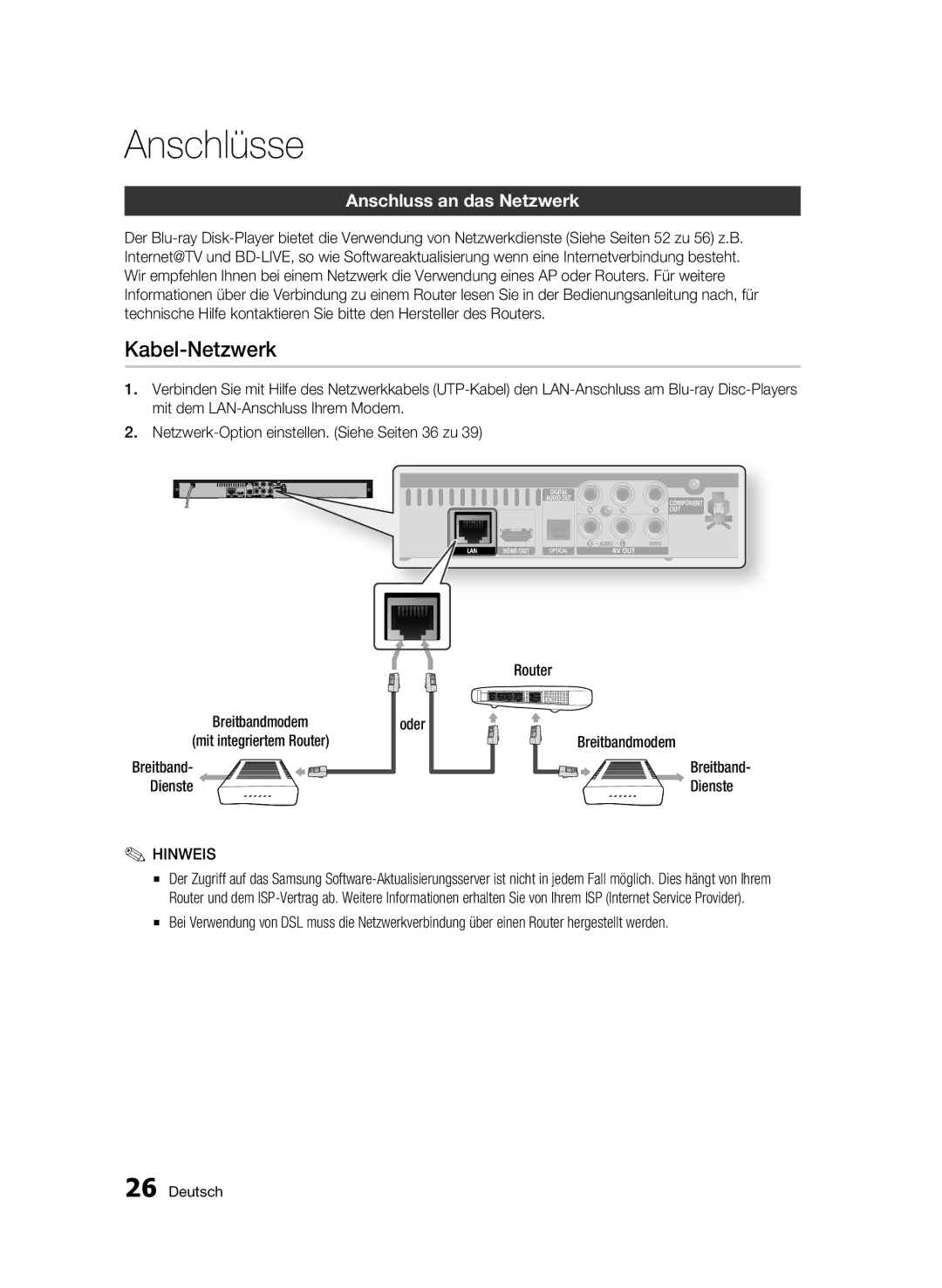 Samsung BD-C5300/EDC, BD-C5300/XEN, BD-C5300/XEF, BD-C5300/XEE manual Kabel-Netzwerk, Anschluss an das Netzwerk, Dienste 