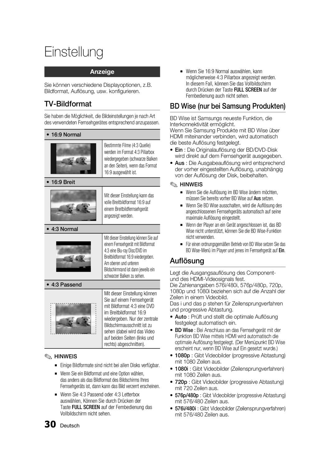 Samsung BD-C5300/EDC, BD-C5300/XEN, BD-C5300/XEF manual TV-Bildformat, BD Wise nur bei Samsung Produkten, Auflösung, Anzeige 