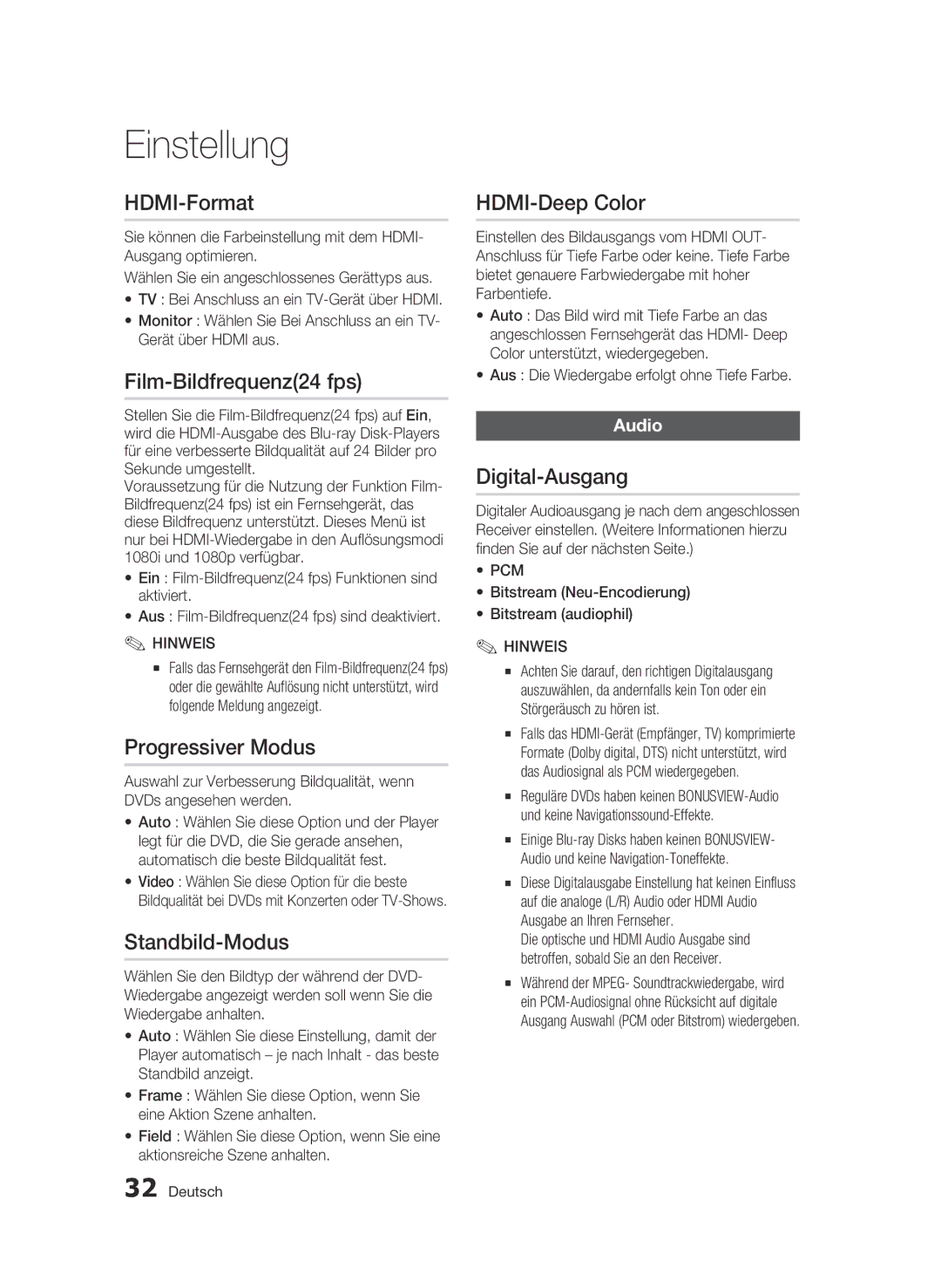 Samsung BD-C5300/XEF manual HDMI-Format, Film-Bildfrequenz24 fps, Progressiver Modus, Standbild-Modus, HDMI-Deep Color 