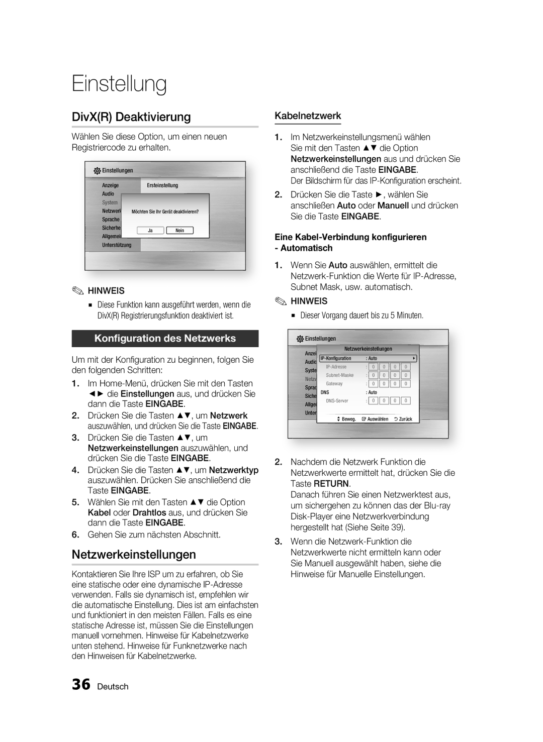 Samsung BD-C5300/XEF, BD-C5300/EDC DivXR Deaktivierung, Netzwerkeinstellungen, Konfiguration des Netzwerks, Kabelnetzwerk 