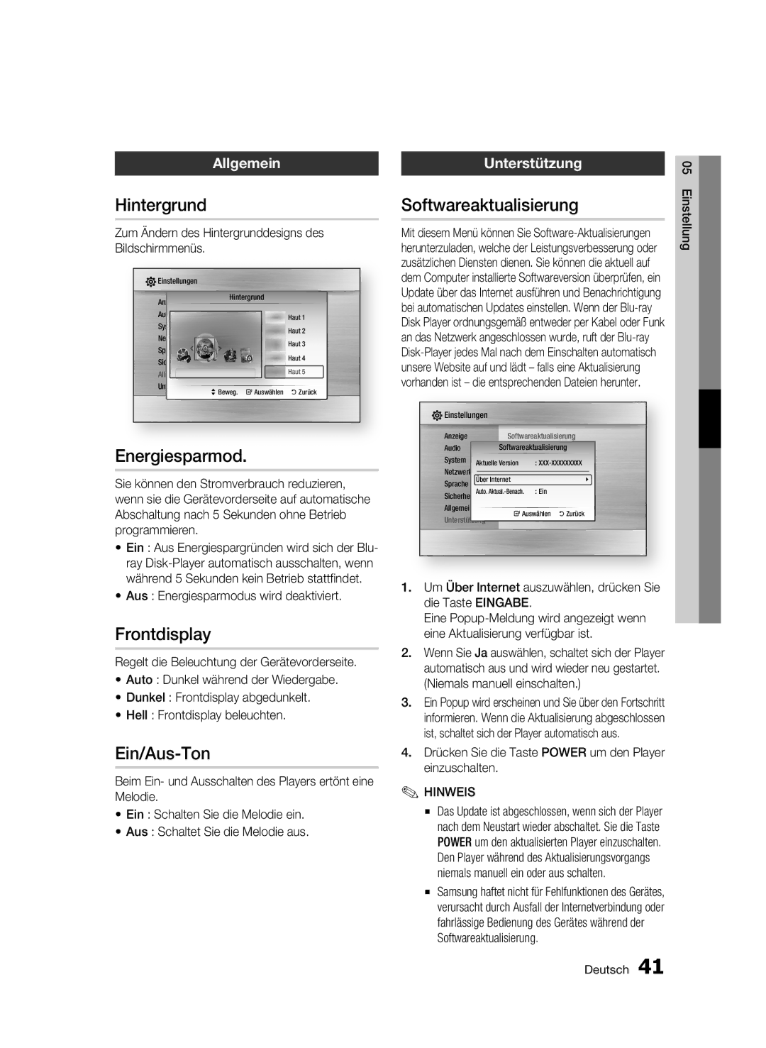 Samsung BD-C5300/XEE, BD-C5300/EDC manual Hintergrund, Energiesparmod, Frontdisplay, Ein/Aus-Ton, Softwareaktualisierung 