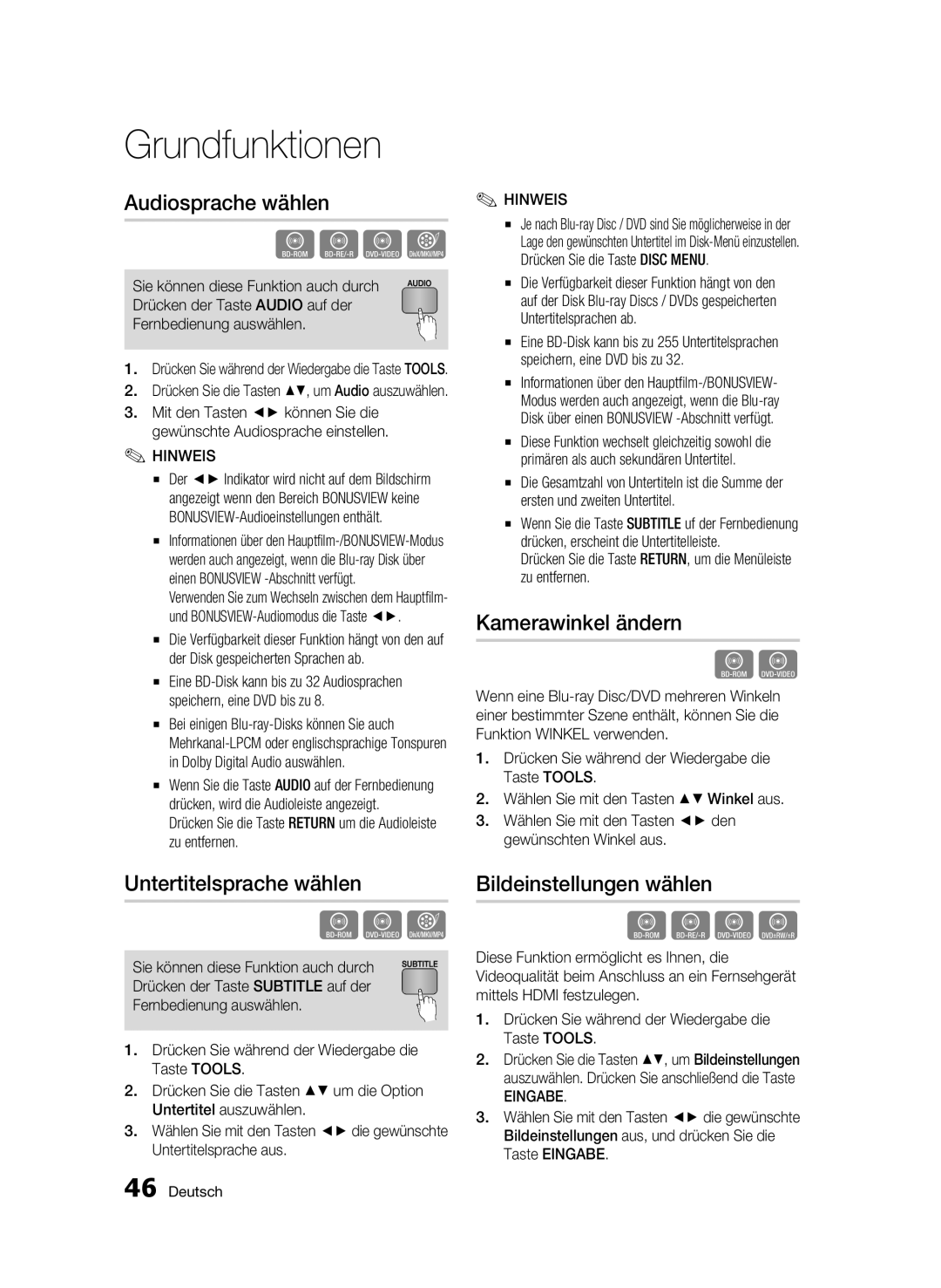 Samsung BD-C5300/EDC manual Audiosprache wählen, Untertitelsprache wählen, Kamerawinkel ändern, Bildeinstellungen wählen 