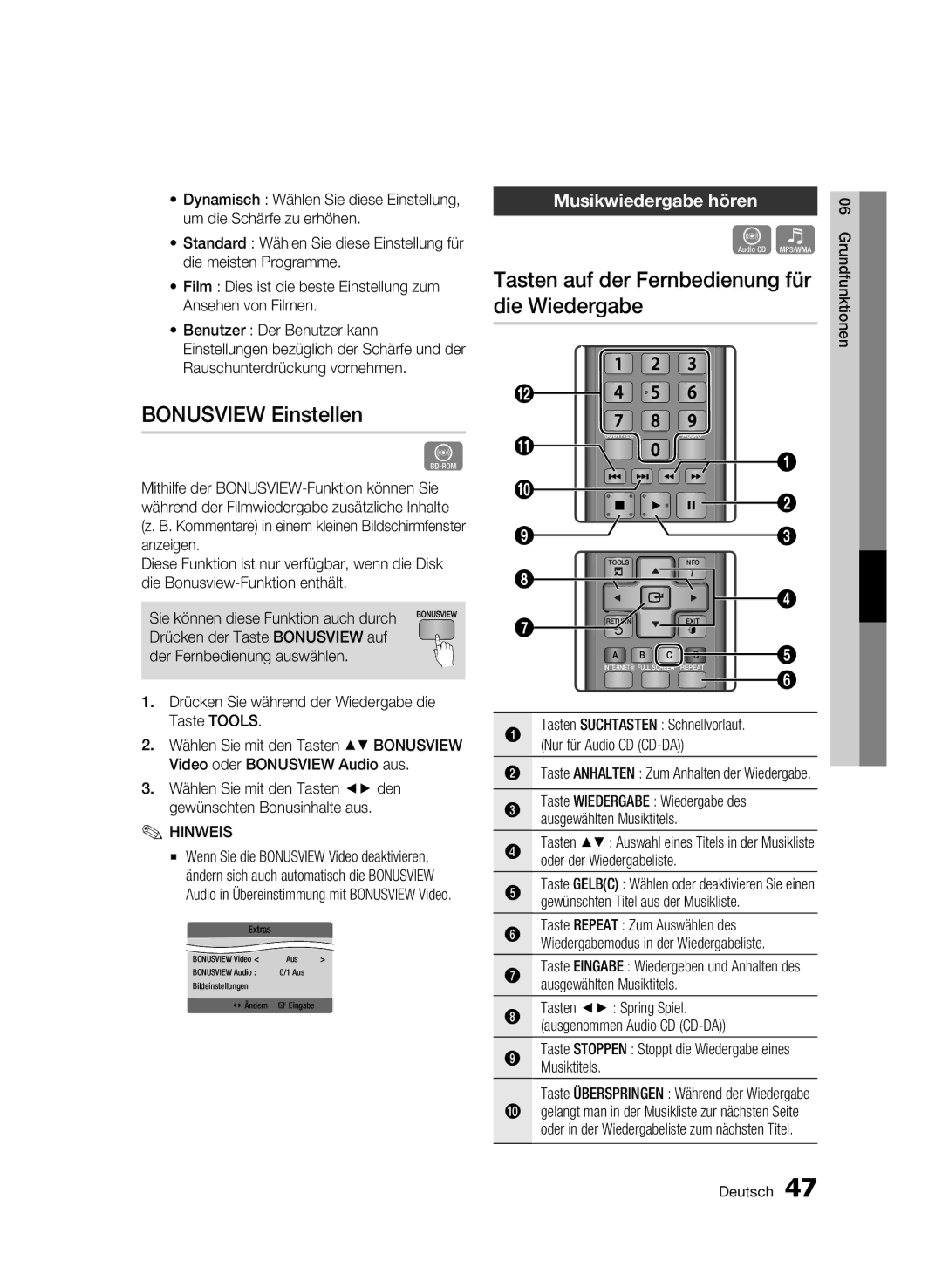 Samsung BD-C5300/XEN manual Bonusview Einstellen, Tasten auf der Fernbedienung für die Wiedergabe, Musikwiedergabe hören 