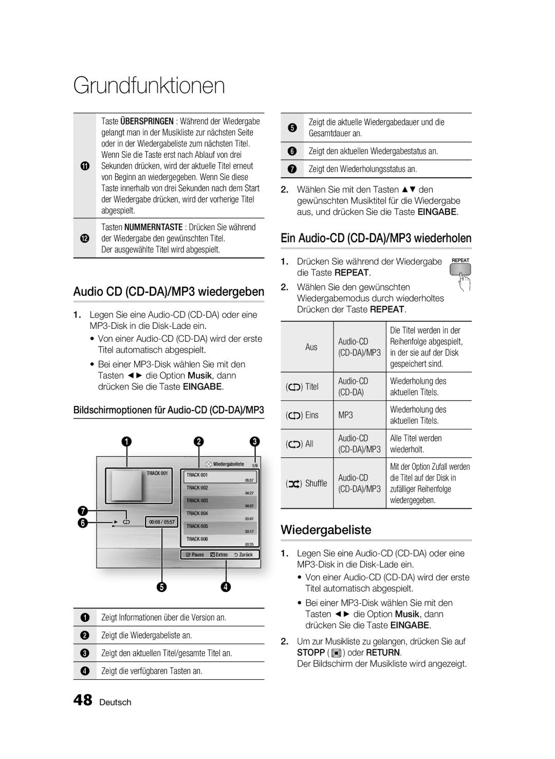 Samsung BD-C5300/XEF Ein Audio-CD CD-DA/MP3 wiederholen, Wiedergabeliste, Gesamtdauer an, Zeigt den Wiederholungsstatus an 