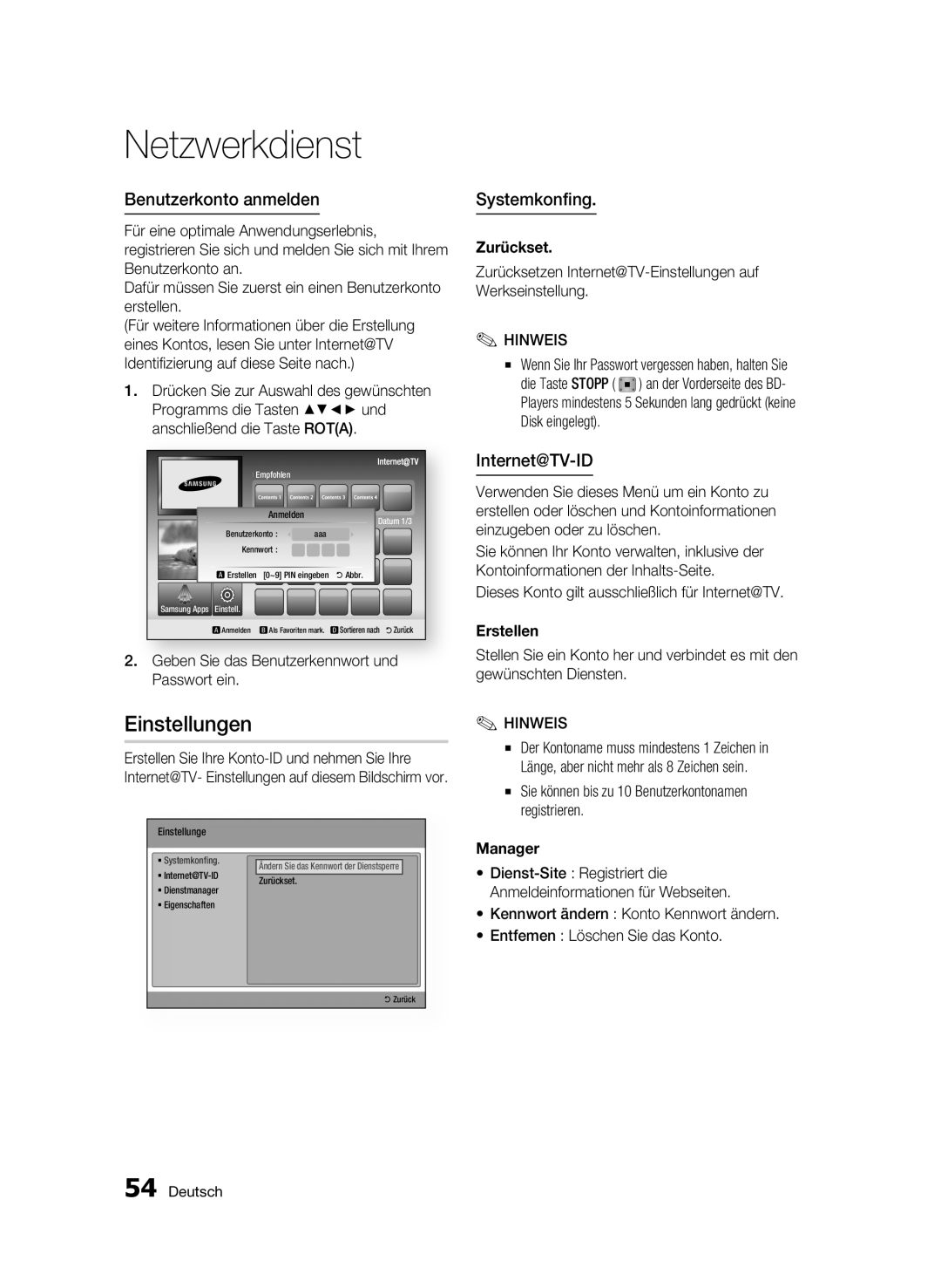 Samsung BD-C5300/EDC, BD-C5300/XEN, BD-C5300/XEF manual Einstellungen, Benutzerkonto anmelden, Systemkonfing, Internet@TV-ID 