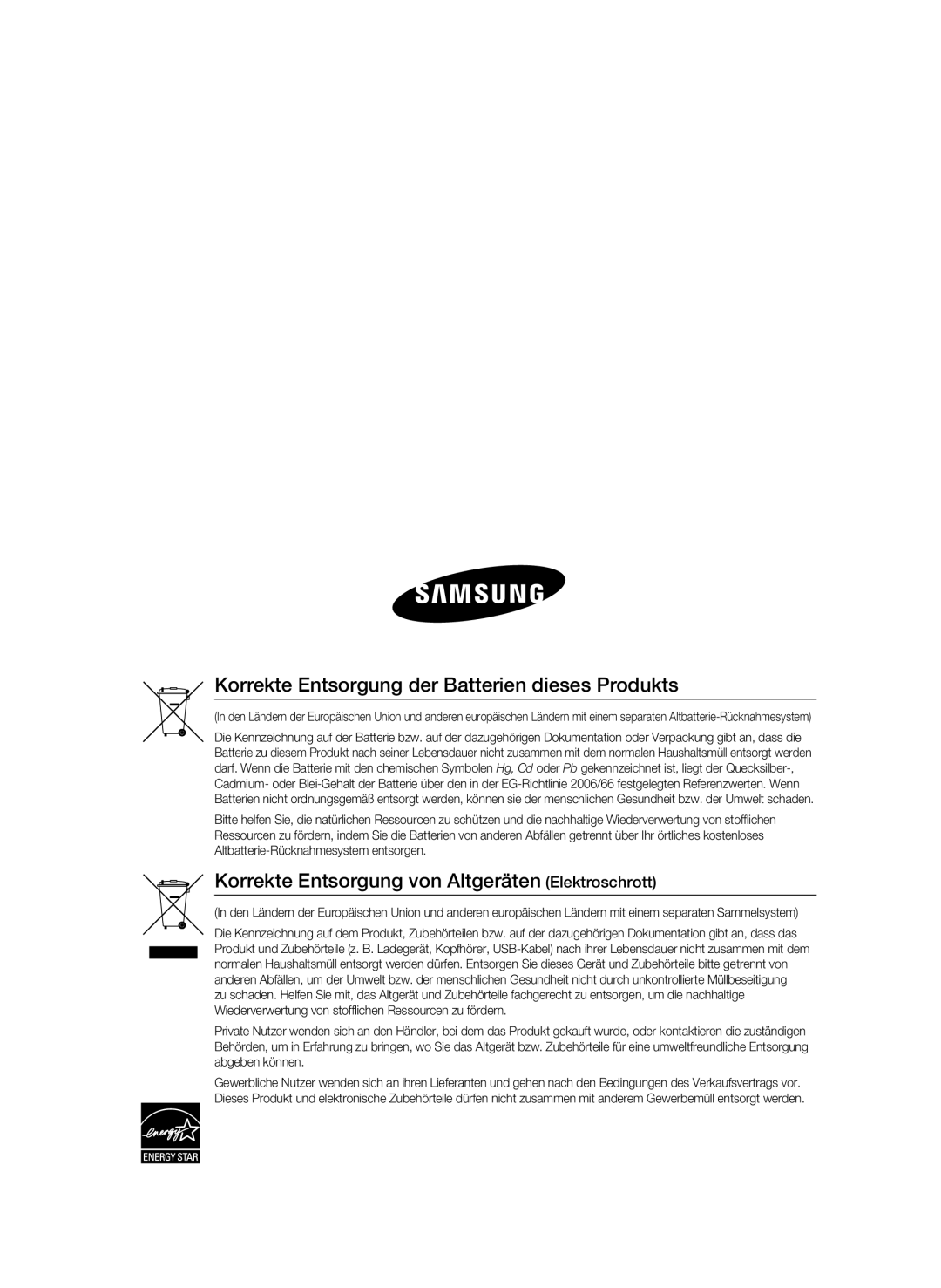 Samsung BD-C5300/XEE, BD-C5300/EDC, BD-C5300/XEN, BD-C5300/XEF manual Korrekte Entsorgung der Batterien dieses Produkts 