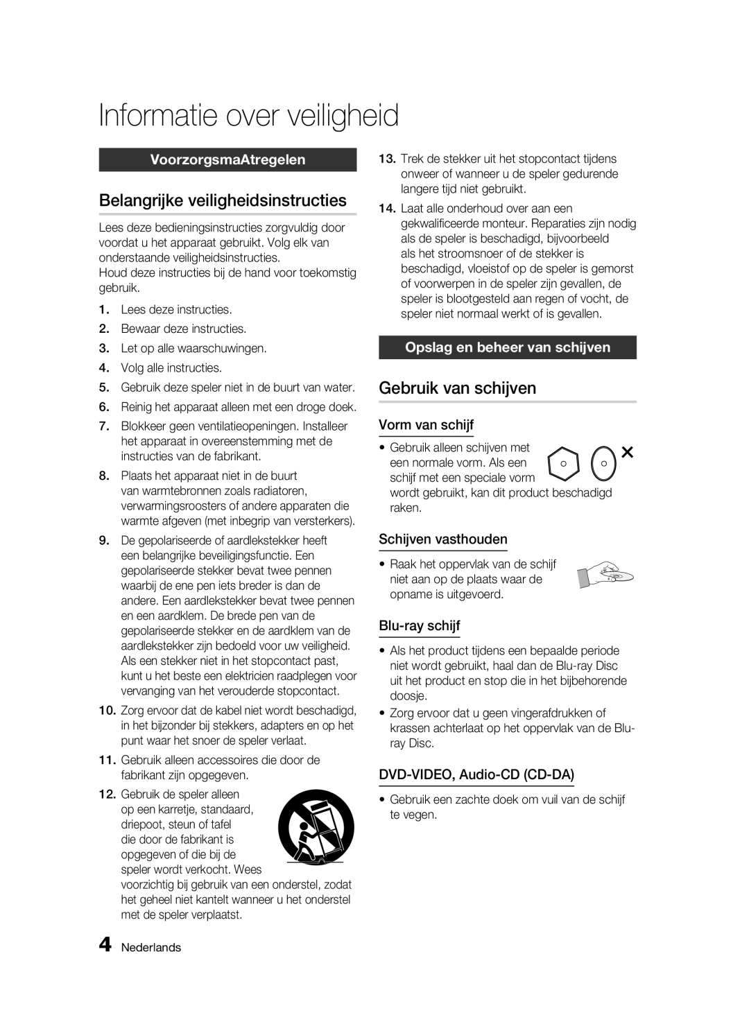 Samsung BD-C5300/XEE, BD-C5300/EDC manual Belangrijke veiligheidsinstructies, Gebruik van schijven, VoorzorgsmaAtregelen 