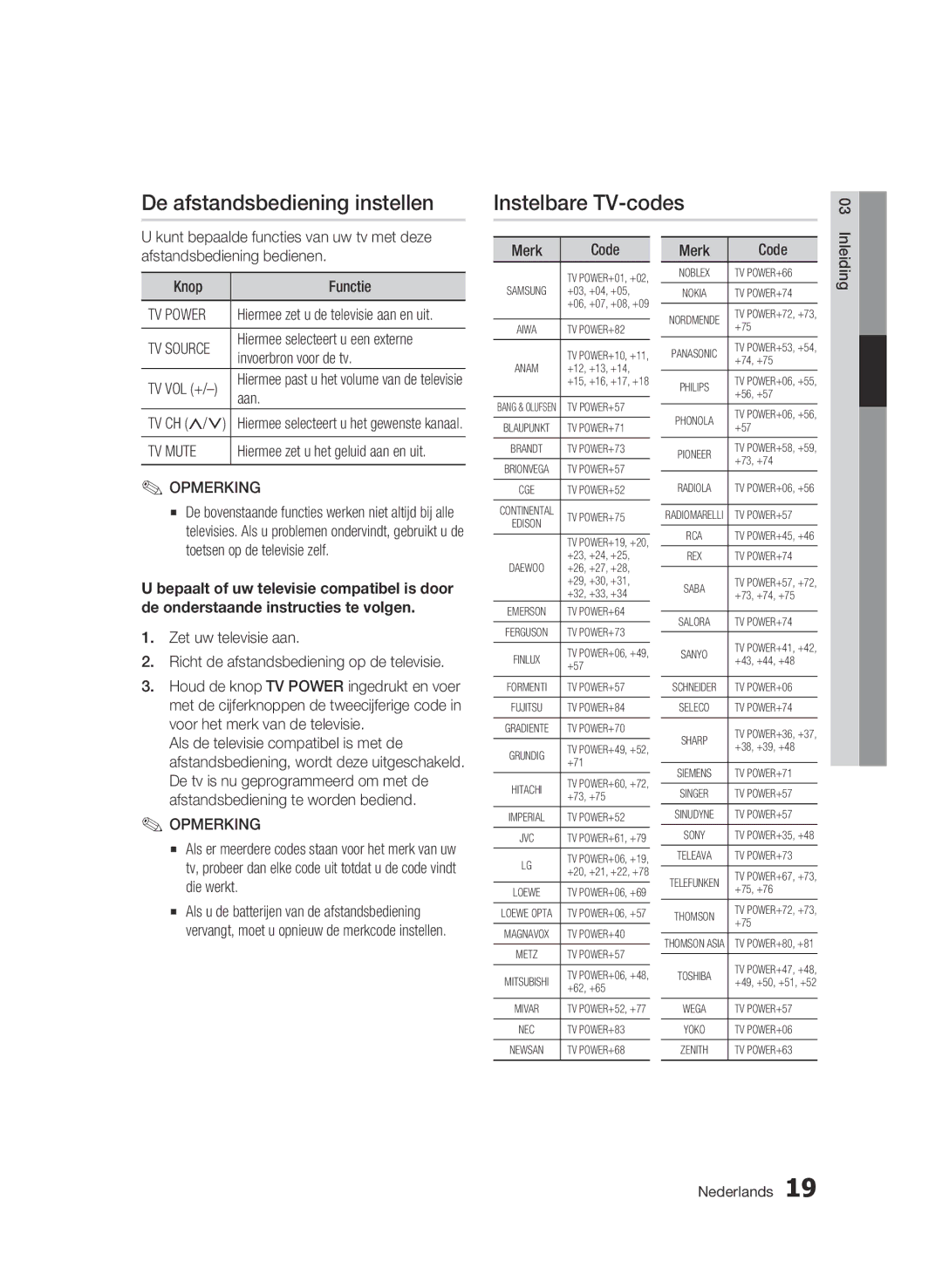 Samsung BD-C5300/XEF, BD-C5300/EDC manual De afstandsbediening instellen, Instelbare TV-codes, Invoerbron voor de tv, Aan 