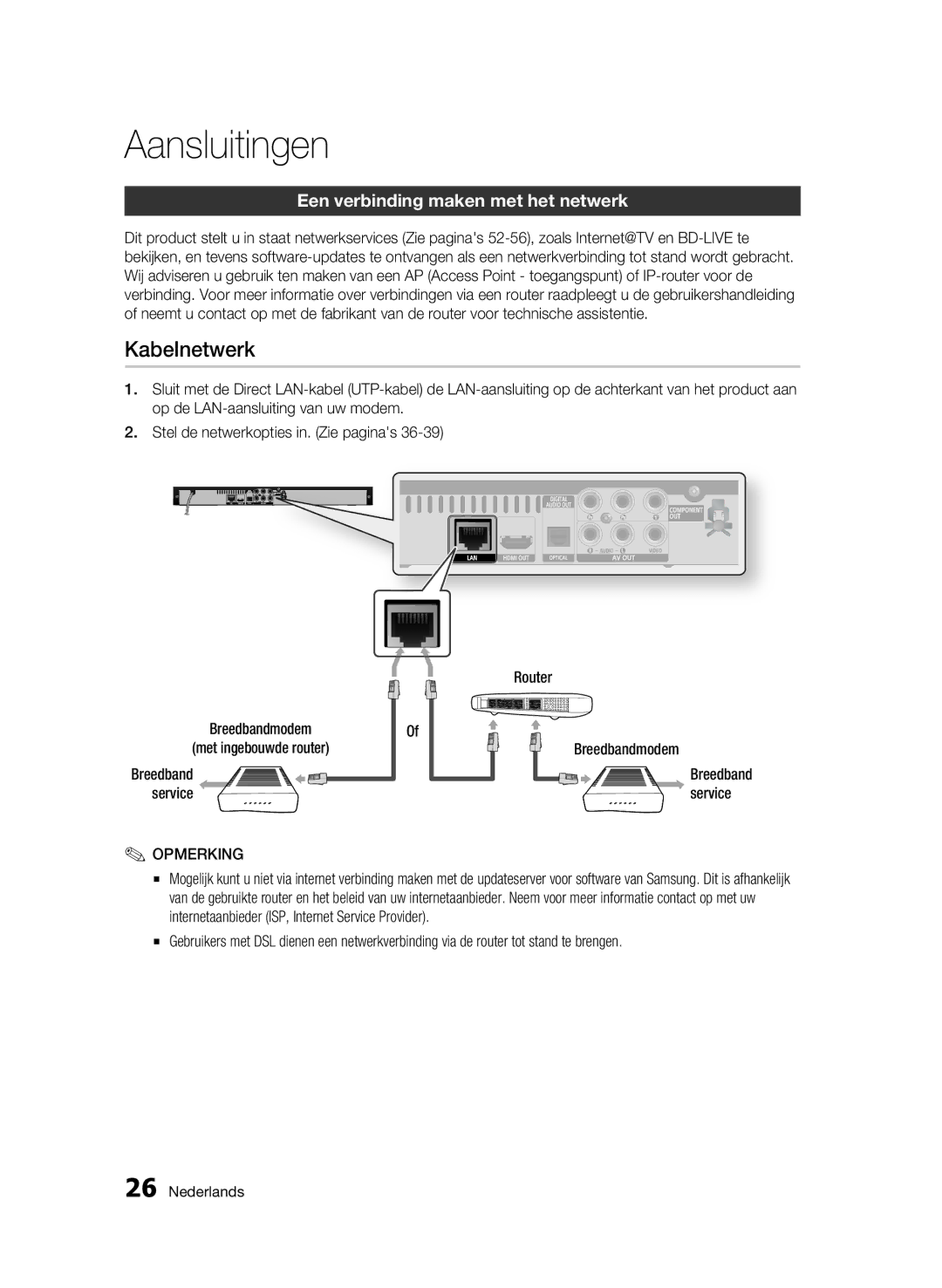 Samsung BD-C5300/XEN, BD-C5300/EDC, BD-C5300/XEF, BD-C5300/XEE manual Kabelnetwerk, Een verbinding maken met het netwerk 