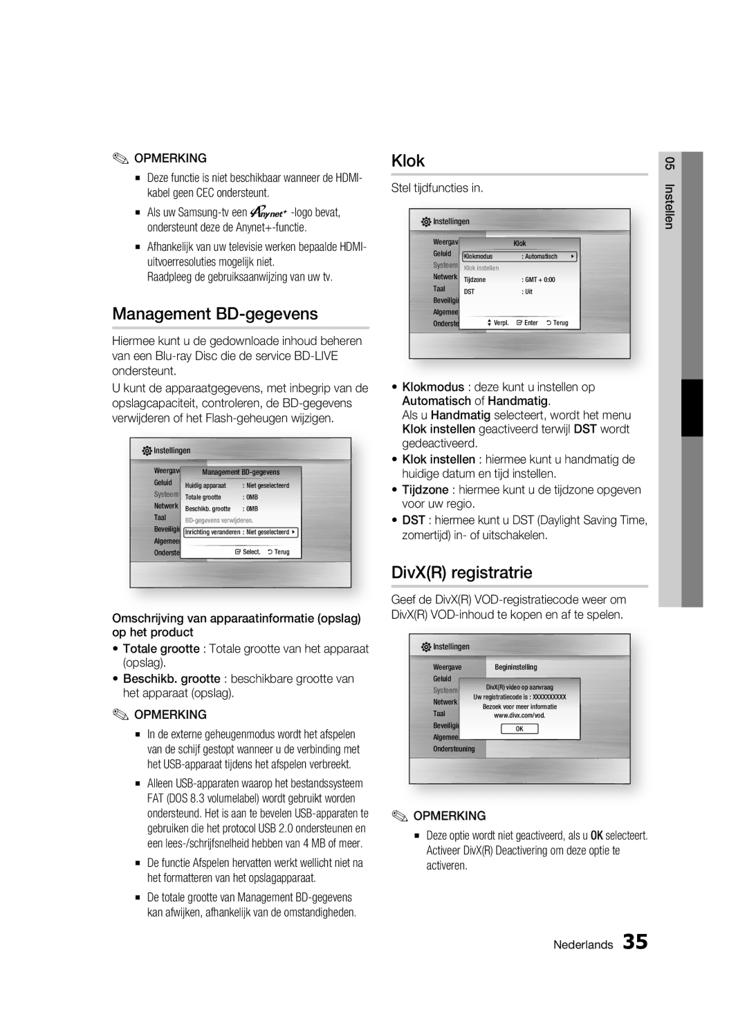 Samsung BD-C5300/XEF, BD-C5300/EDC, BD-C5300/XEN manual Management BD-gegevens, Klok, DivXR registratrie, Stel tijdfuncties 