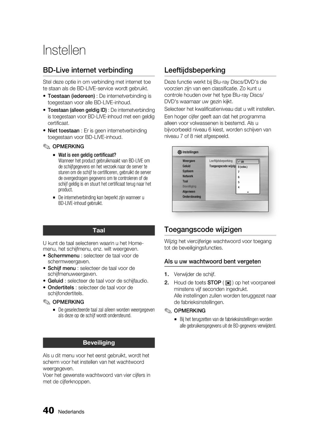 Samsung BD-C5300/XEE manual BD-Live internet verbinding, Leeftijdsbeperking, Toegangscode wijzigen, Taal, Beveiliging 