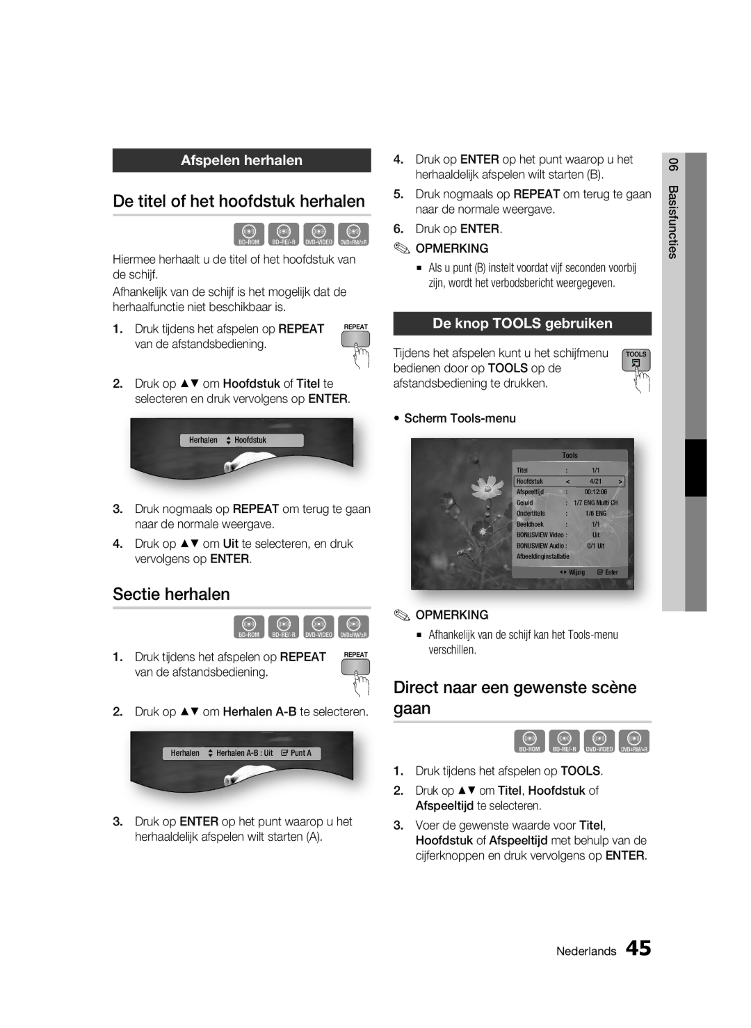 Samsung BD-C5300/EDC manual De titel of het hoofdstuk herhalen, Sectie herhalen, Direct naar een gewenste scène gaan 